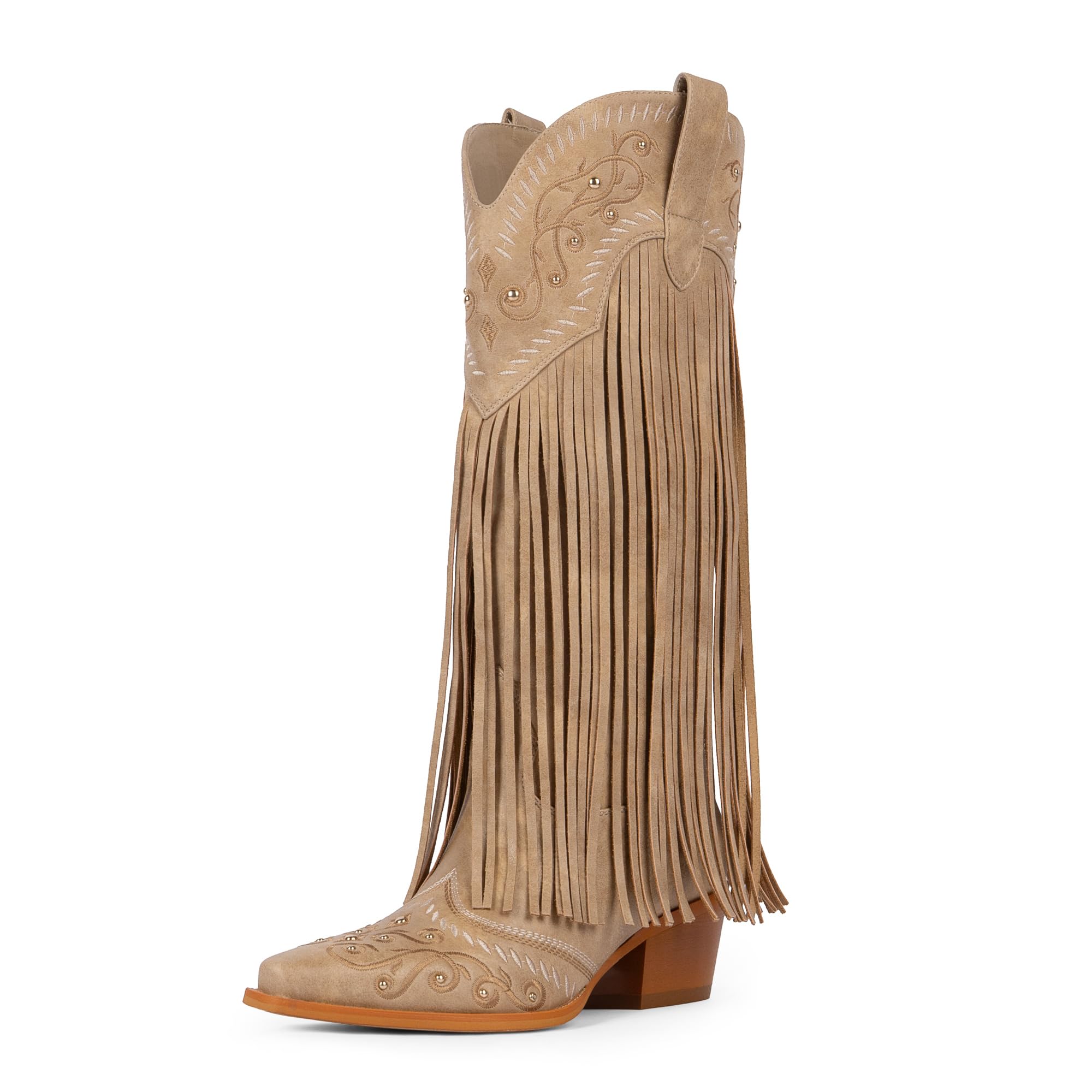 Modatope Cowboy Boots for Women Fringe Knee High Boots Embroidered Cowgirl Western Pointed Toe Chunky Heel Boots