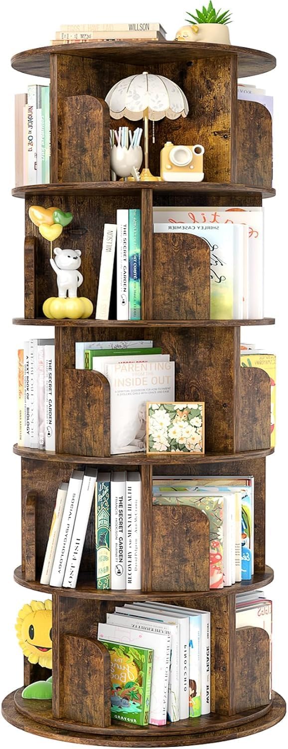 iSunirm Bibliothèque rotative à 5 Niveaux, Tour en Bois, bibliothèque Ronde pivotante à 360°, étagère étroite pivotante à roulettes, pour Chambre à Coucher, Bureau, Marron