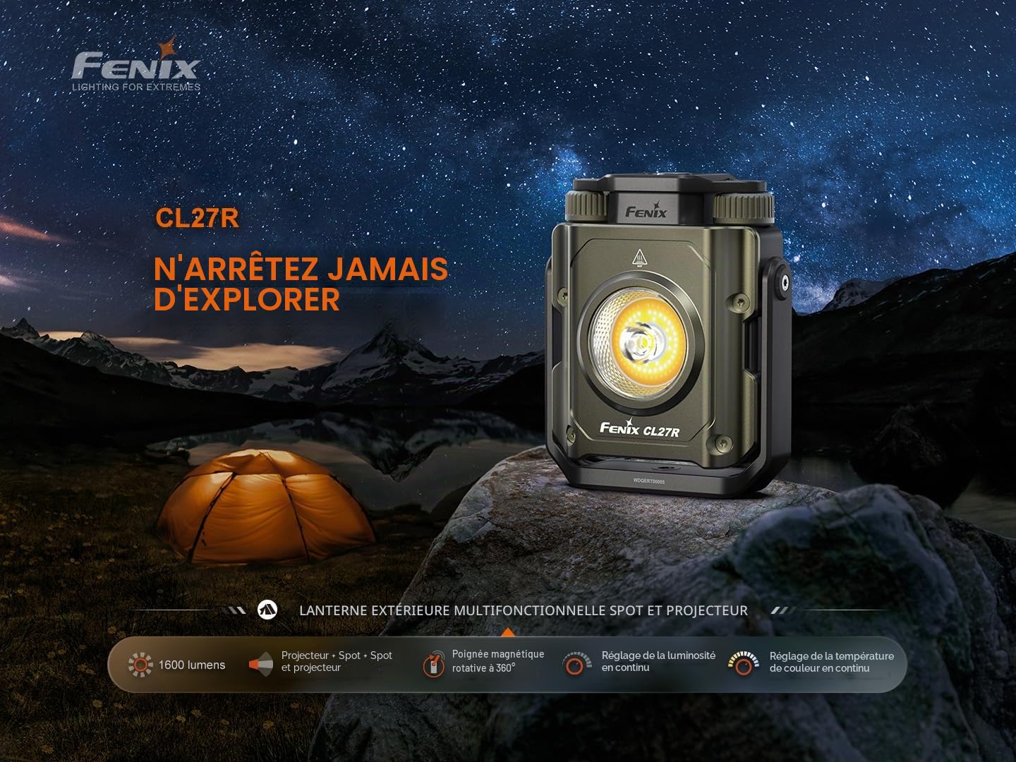fenix CL27R Lanterne multi-faisceaux rechargeable | 1600 lumens | 180 m | 285 heures max | mode lumière rouge | réglage continu de la température de couleur et de la luminosité | poignée magnétique à