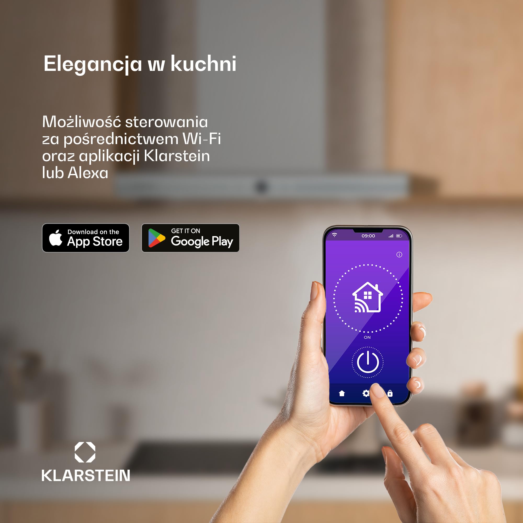 Klarstein Auriana okap kuchenny – 60 cm, przepustowość powietrza 700 m³/h, efektywność energetyczna A+, sterowanie Wi-Fi i dotykowe, oświetlenie LED 6000 K, silnik 110 W, czarny, filtr powietrza