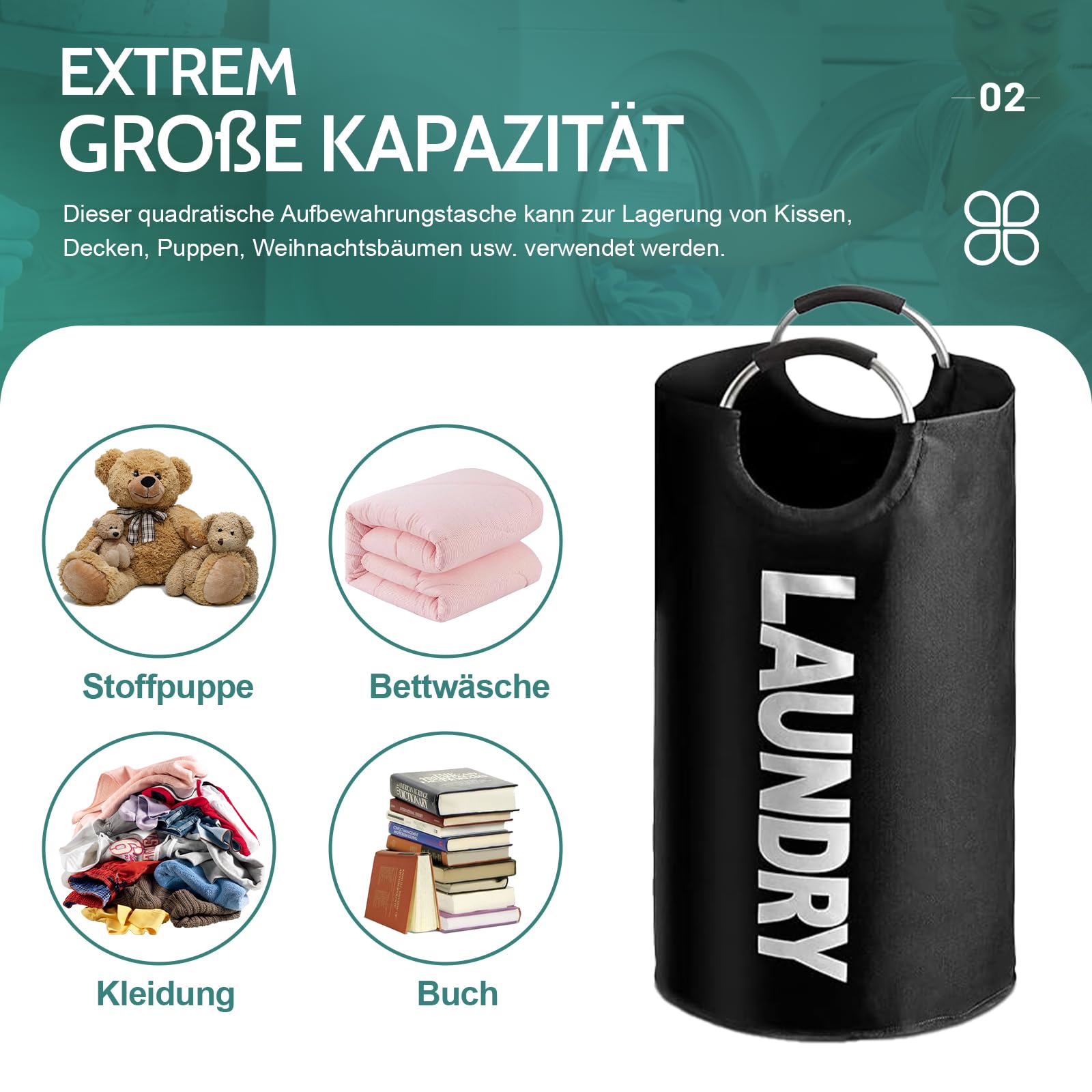 Składany kosz na pranie, pojemność 90 l, z uchwytem, pojemnik na pranie z tkaniny Oxford, wodoszczelny, przenośny pojemnik do sortowania prania, pojemnik do przechowywania butelek