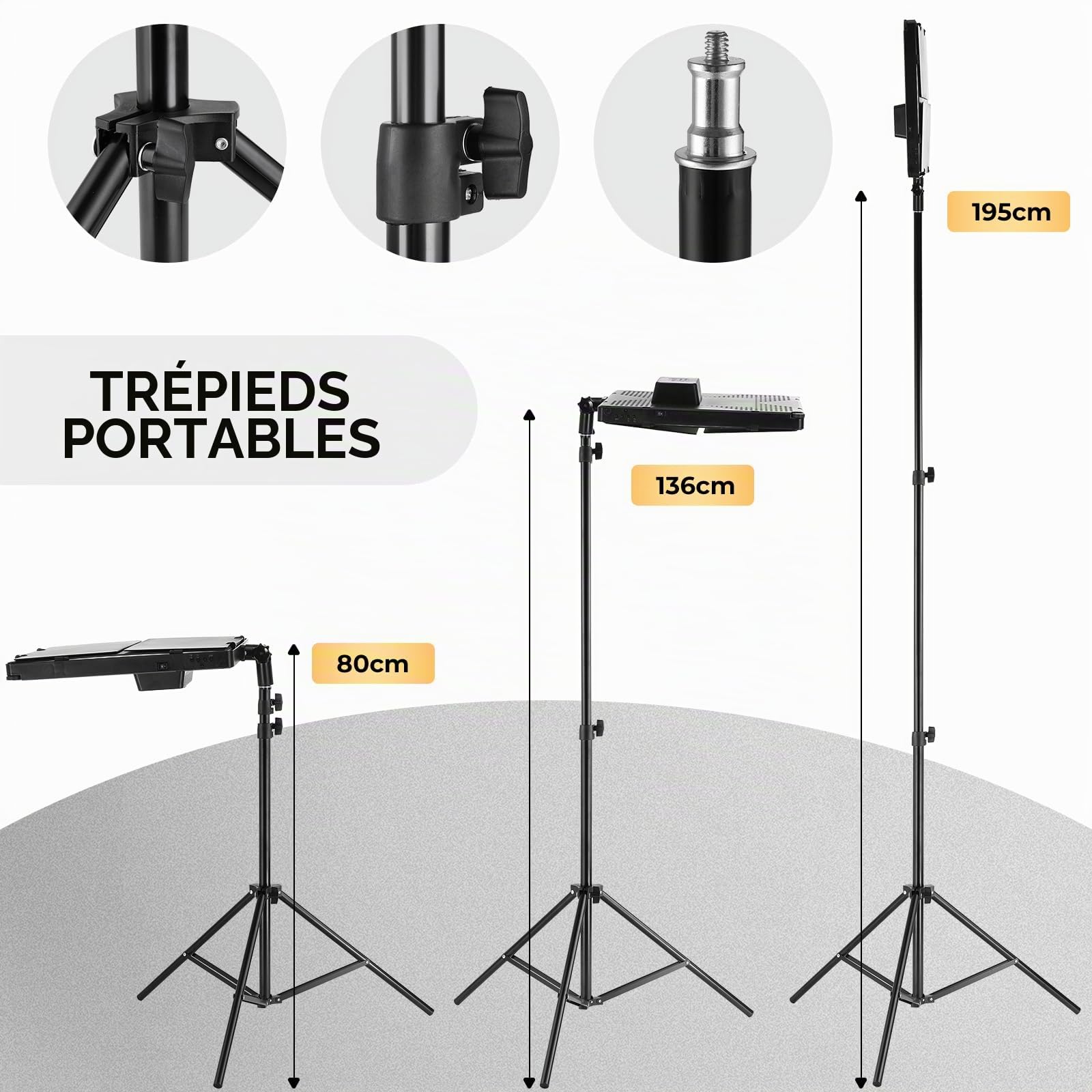Lot de 2 LED Panneau Lumière Photo, 720 LED, avec Télécommande, 2 Trépied 195 cm, Bicolores Lampe vidéo, 3000-6300 K, Intensité Variable, pour Enregistrement vidéo, Streaming, Youtube (33x33 cm)