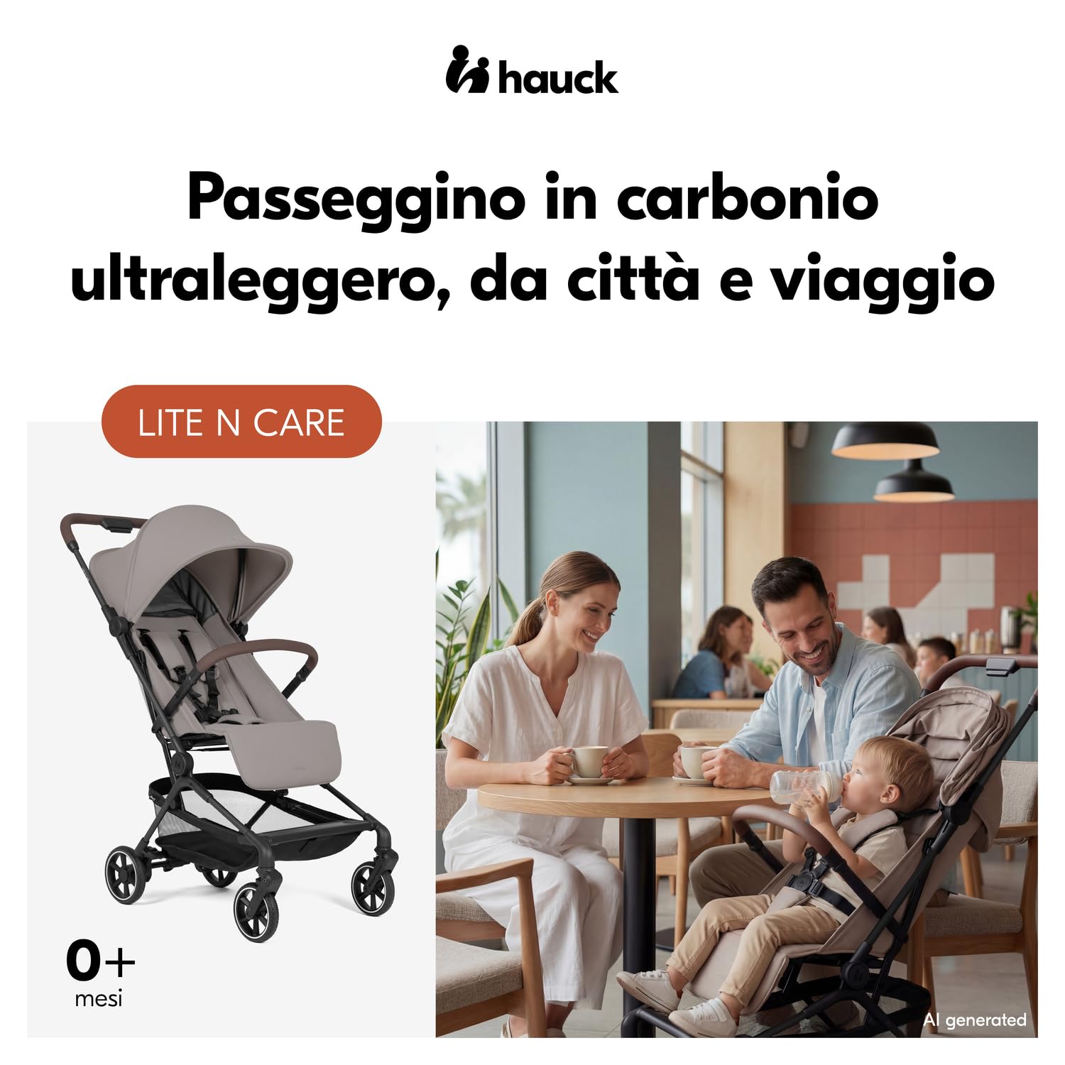 hauck Lite N Care Passeggino Ultraleggero 5,5 kg in Carbonio, Premiato German Design Award 2025 & Innovation Award 2025, Pieghevole Compatto IATA, UPF 50+, Schienale Reclinabile - Sandy Taupe | German Design Award 2026, bagaglio a mano, chiusura una mano