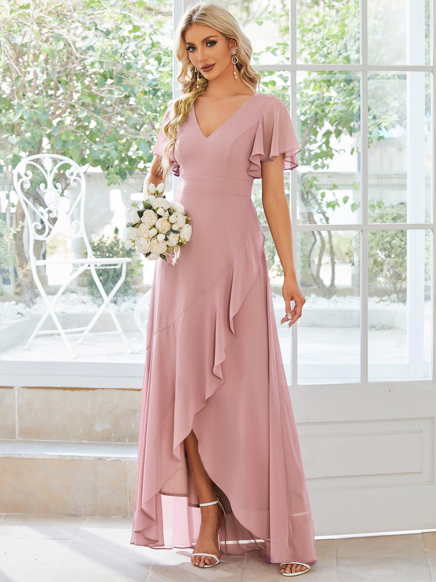 Ever-Pretty Vestido de Fiesta Escote en V Manga Volantes A-línea sin Respaldo Alto Bajo Largo sin Elasticidad para Mujer Elegantes 01749