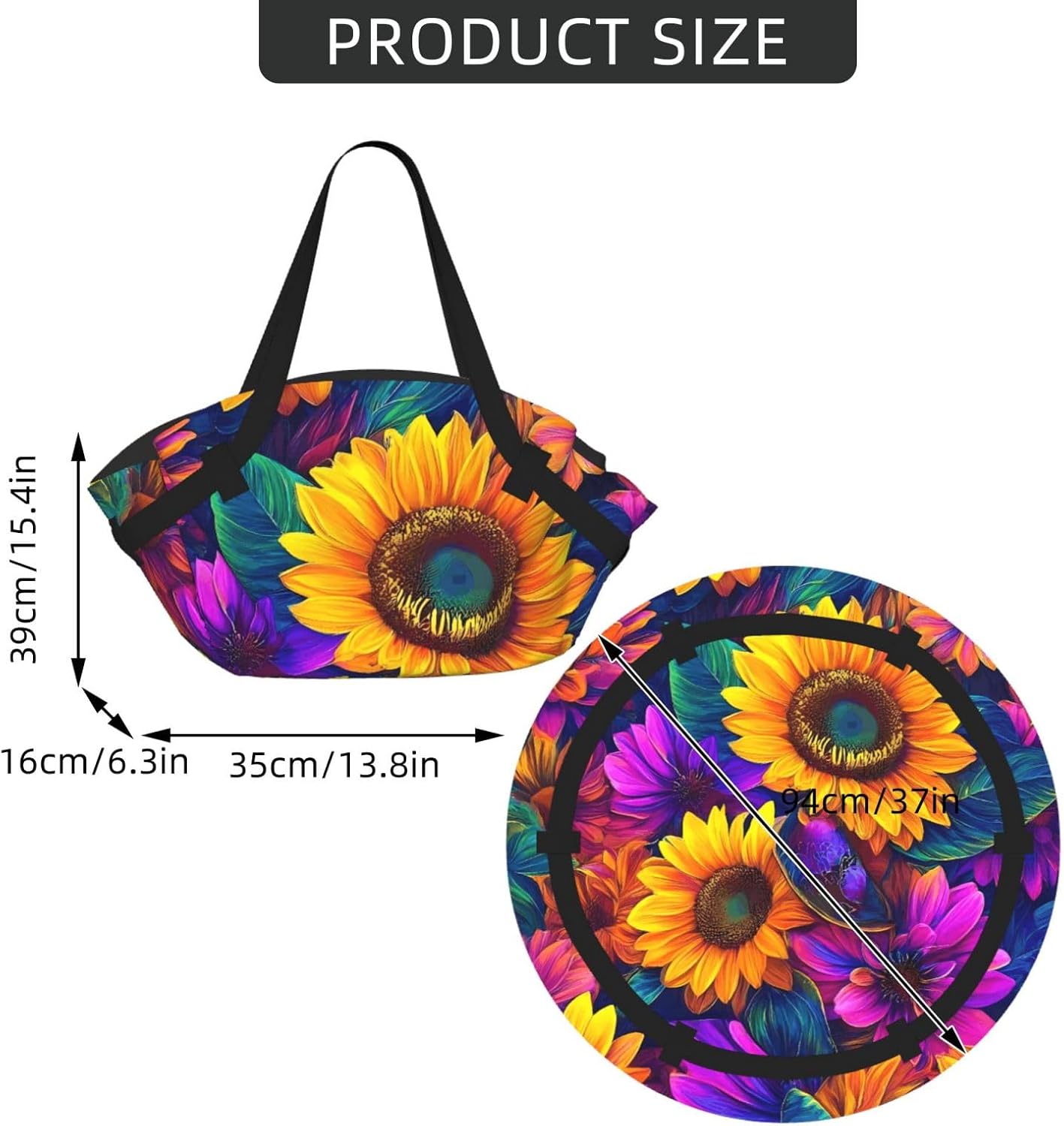 Psychedelic Sunflowers Pattern Foldable Camping Tote Bag Picnic Blanket Bag Portable Beach Mat Tote Waterproof Outdoor Picnic Mat Carry Bag