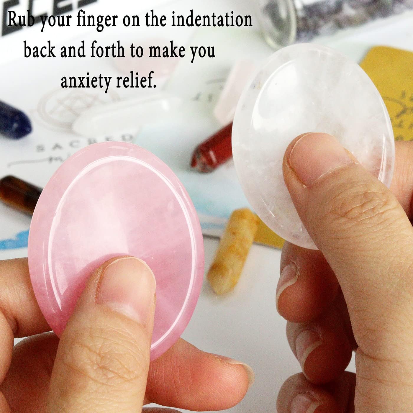 XIANNVXI 2Pcs Crystal Stones Healing Crystals Thumb Worry Stones Rose Quartz Clear Quartz Gemstones Natural Polished Oval Palm Pocket Stone for Anxiety Stress Relief Meditation - Image 5