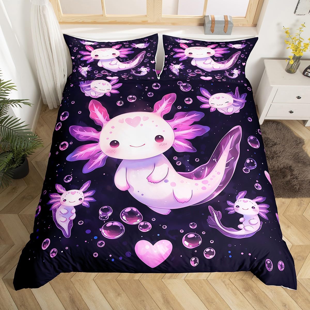 Homemissing Süß Kawaii Axolotl Bettbezug Set Salamander Ozean Sealife Bettwäsche Set 135x200cm für Jungen Mädchen Lila-Rosa Axolotl Bettwäsche-Set Schlafzimmer Dekor mit 1 Kissenbezug 80x80cm