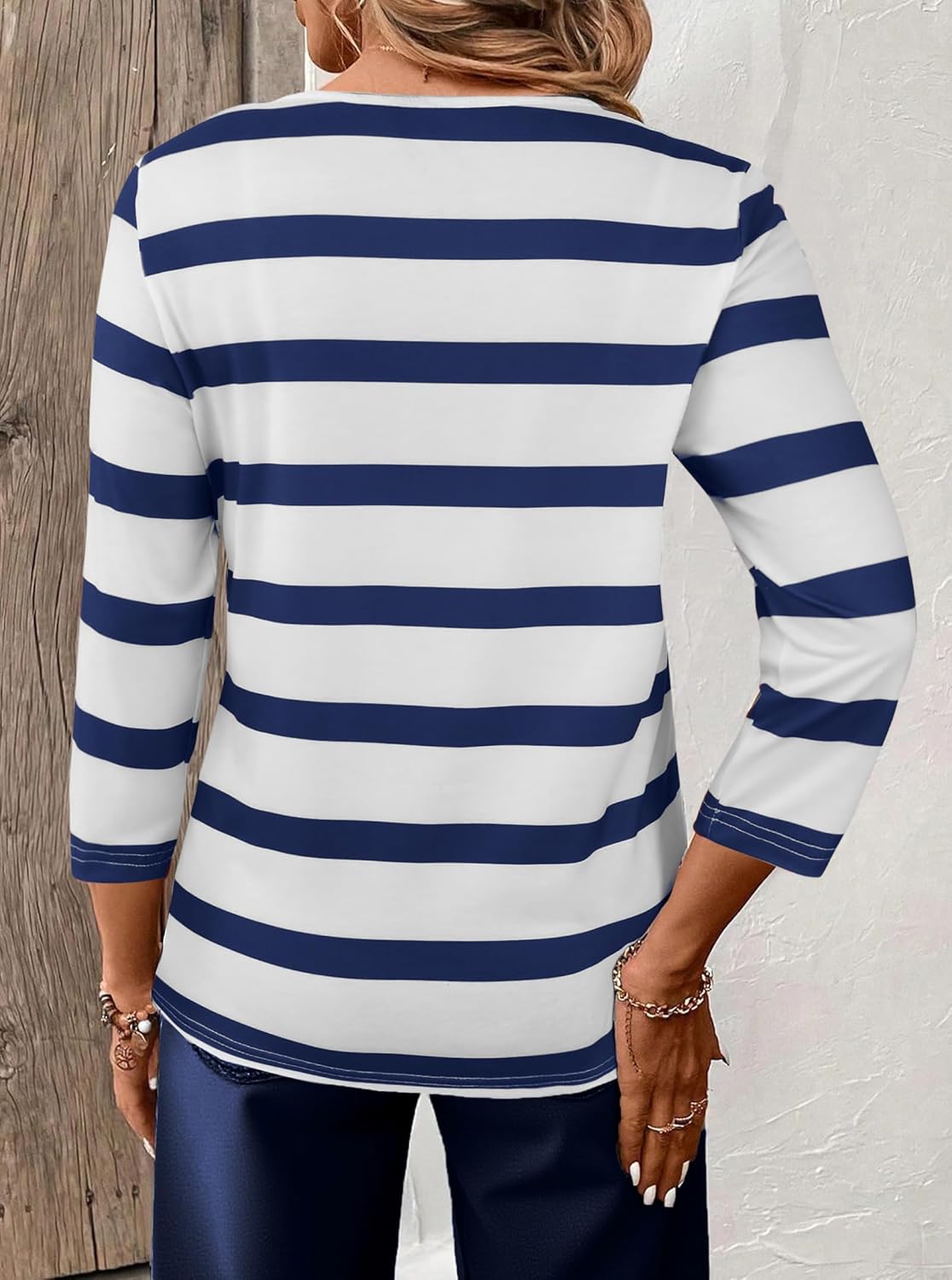 LilyCoco Striped Shirt Women Casual Button V Neck 3/4 Sleeve Tops - Image 2