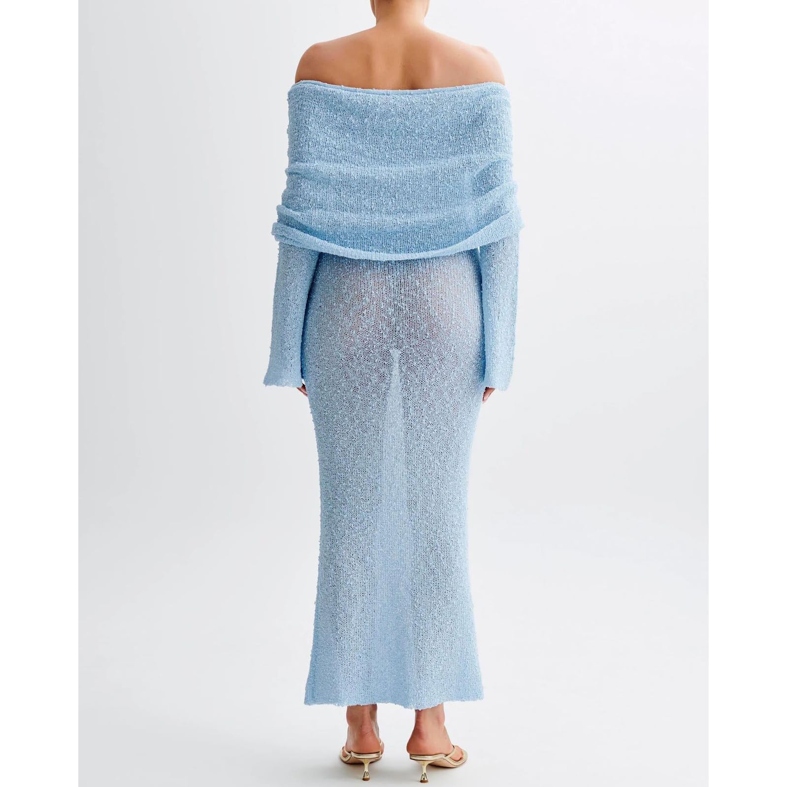 Donne Fuori della Spalla a Maglia Svasato Manica Bodycon Spiaggia Casual Coprire su Abiti,Blu,S