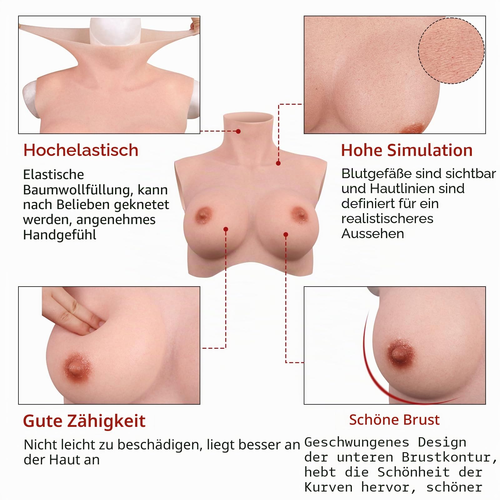 Silikonbrüste Realistische Fake Breasts Brustplatte Falsche Brüste für Cosplay Crossdresser Drag Queen (Sahne, B Cup-Silikonfüller)