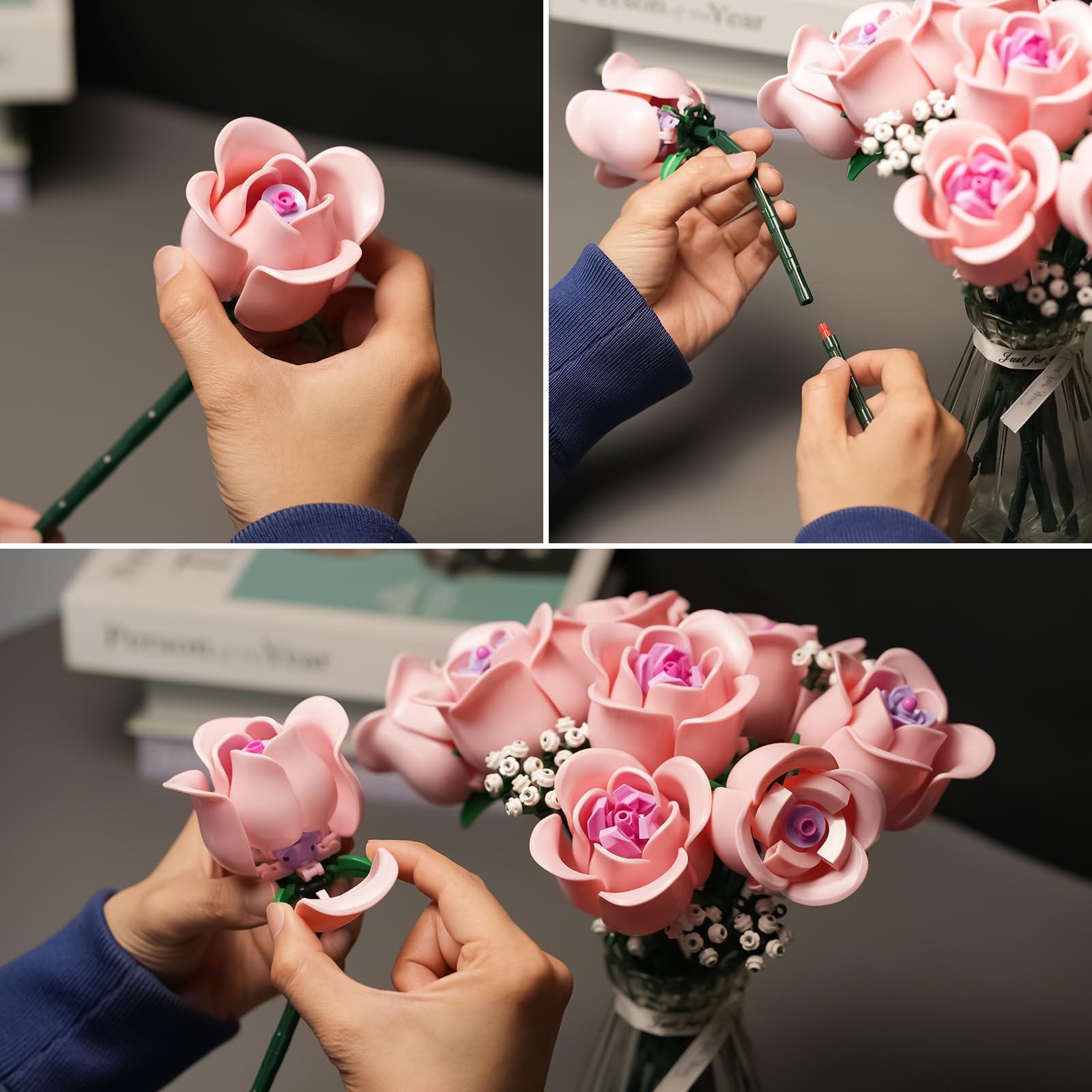 Rosa Rosen Blumenstrauß Klemmbausteine mit Schleierkraut, Künstliche Blumen Botanische Kollektion, Geschenk für Frauen zum Muttertag, Ästhetische Raumdeko