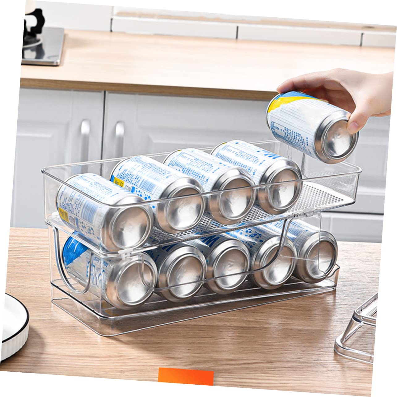 Levemolo Convenient Multi-Function Can Organizer Double Transparent Fridge Storage for Soda and Drinks Space-Saving Design for Kitchen Office and Living Room Use
