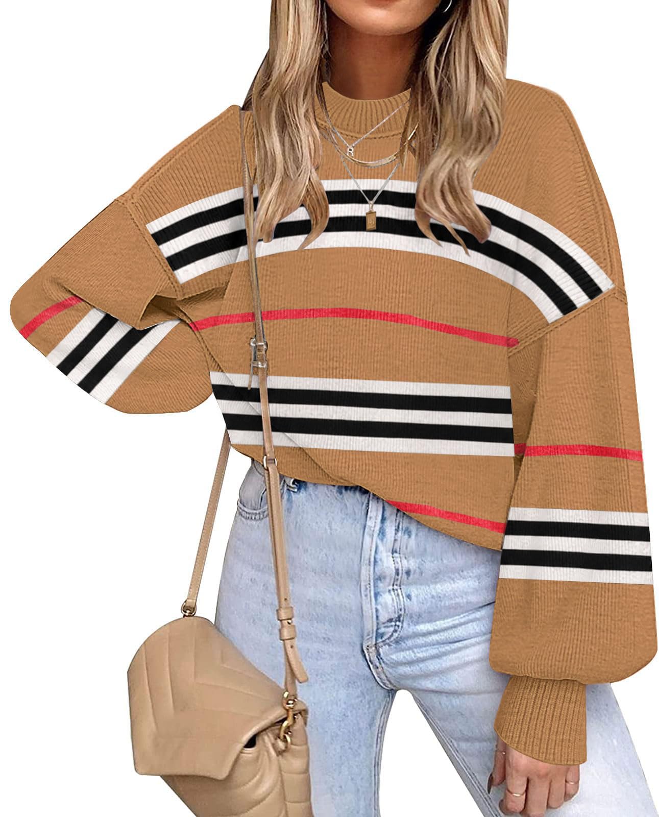 Womens Sweaters Fall 2026 Long Sleeve Knit Tops Striped Oversized Sweater