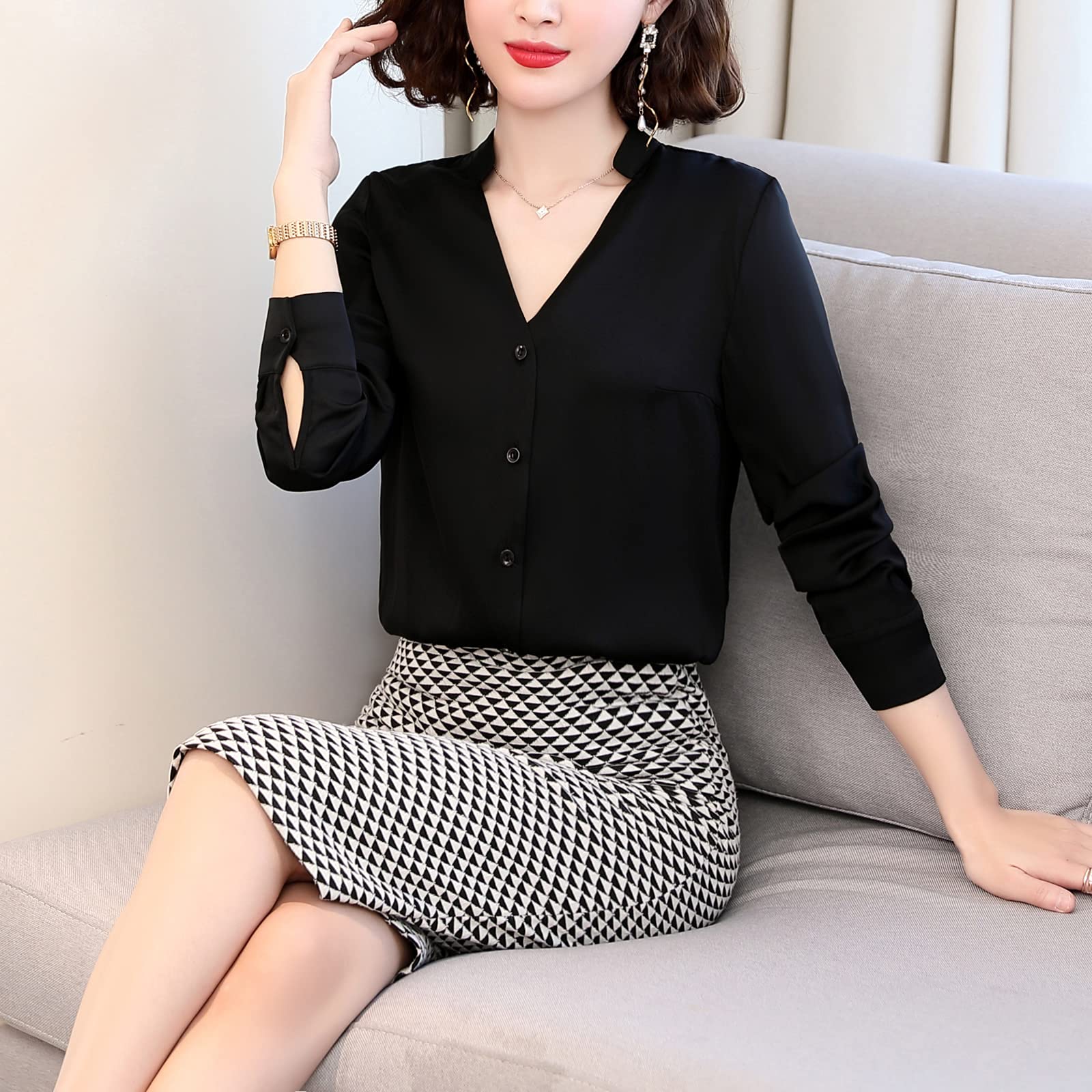 Valin Blusa de seda para mujer Camisa Sólido Botón Abajo Camisas Blusa de Manga Larga Cuello en V Blusa de Seda,S1902