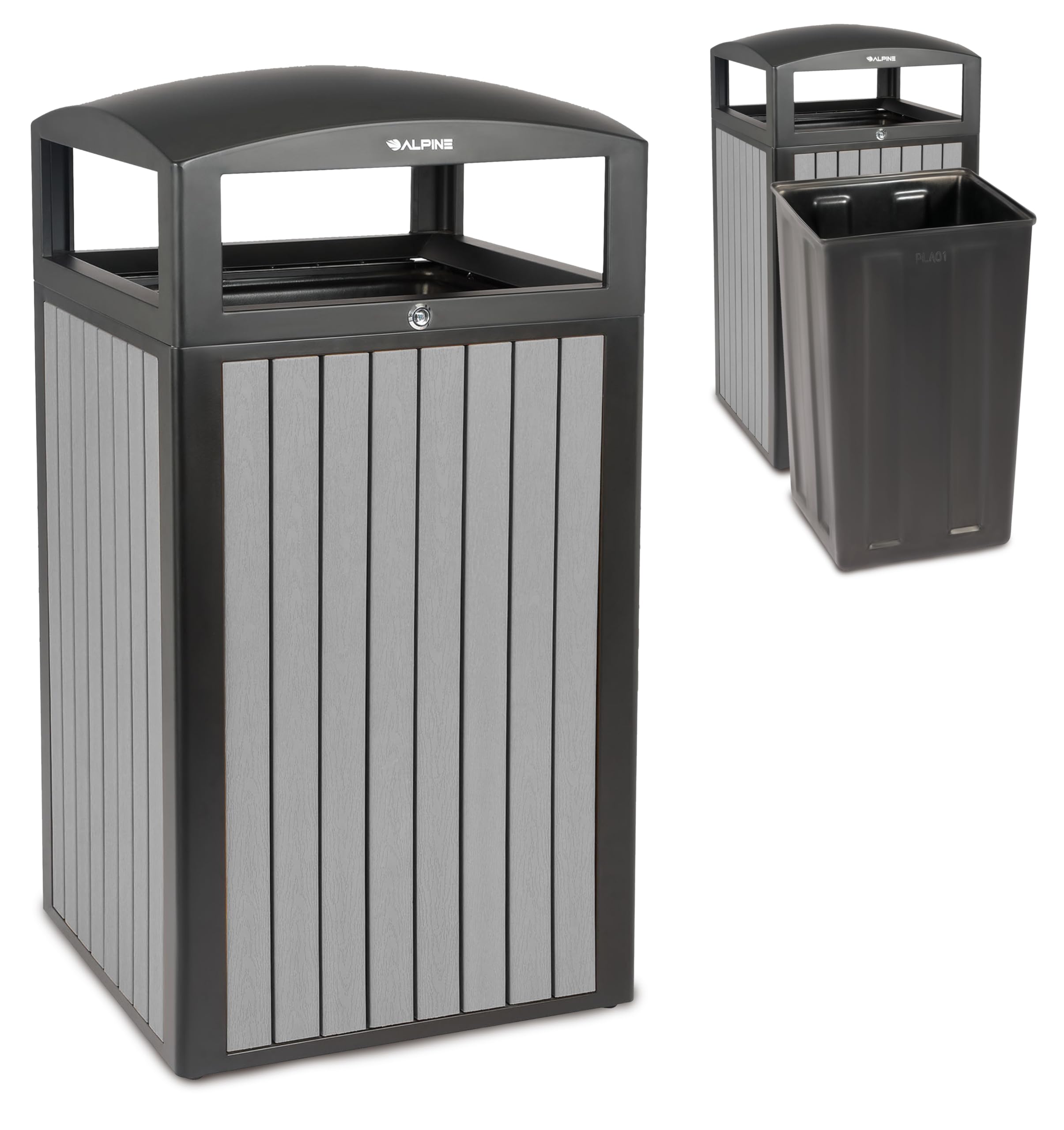Alpine 40 Gallon Commercial Outdoor Trash Can with Lid - Modern Heavy Duty Large Outdoor Garbage Can with Durable Plastic Bin, Slatted Recycled
