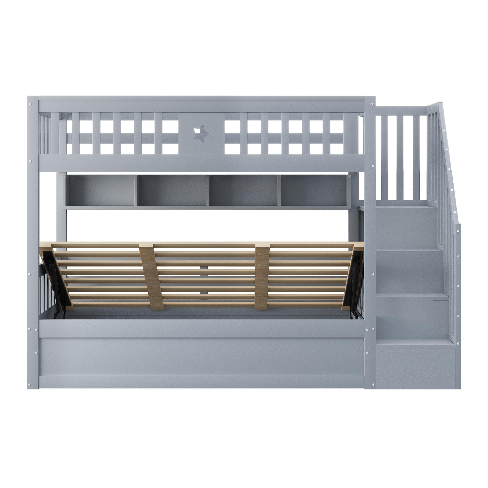 90 x 200 cm, Letto in Legno Naturale, Soppalco con Sottoletto Idraulico, Scala di Stoccaggio, Scaffali, Letto per Ragazzi (Grigio Type2)