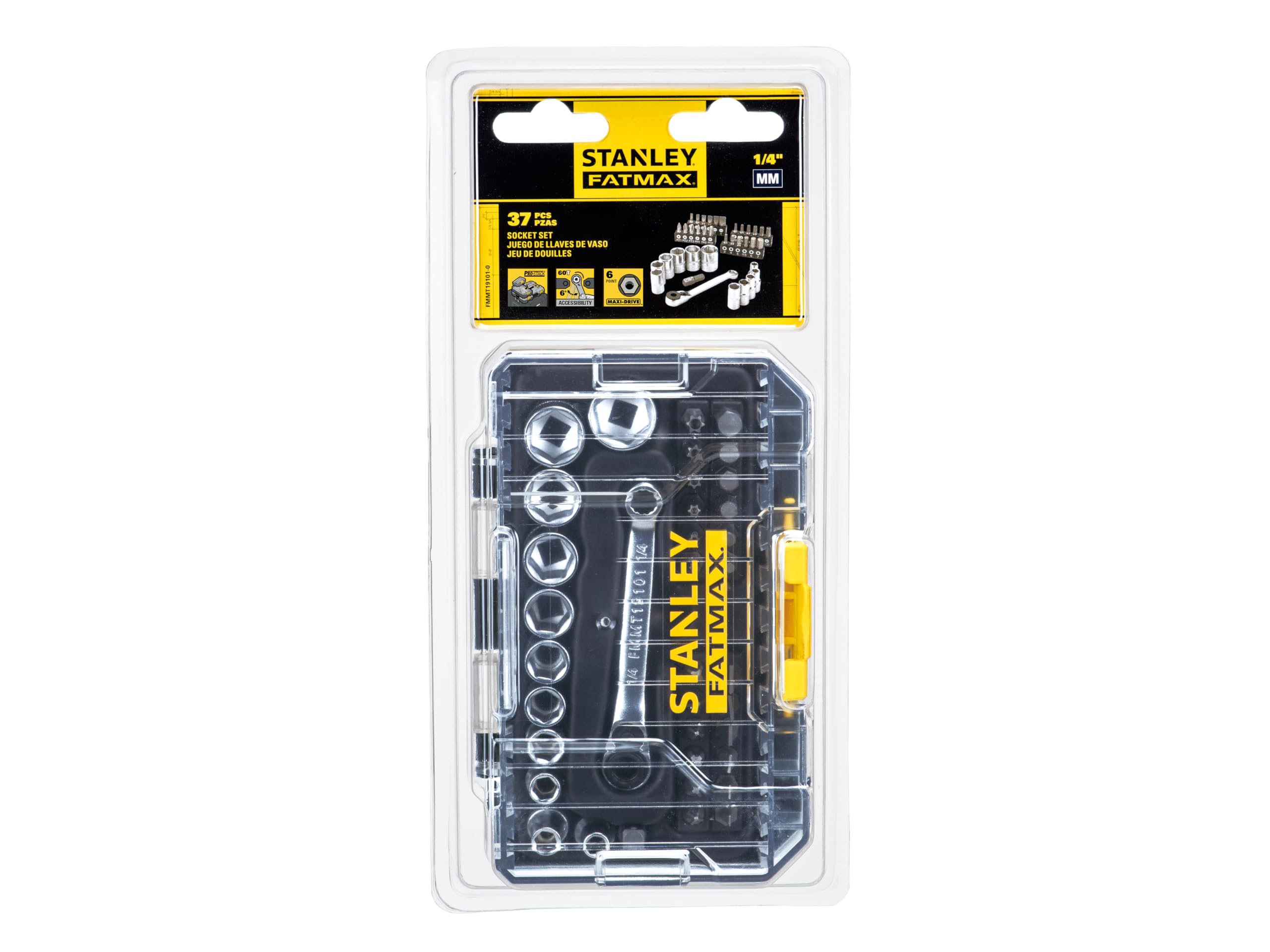 Stanley FMMT19101-0 FatMax - Juego de 37 piezas (1/4", en maletín pequeño, compatible con el sistema T-STAK, incluye llave de carraca, vasos, puntas y portapuntas), color negro y amarillo