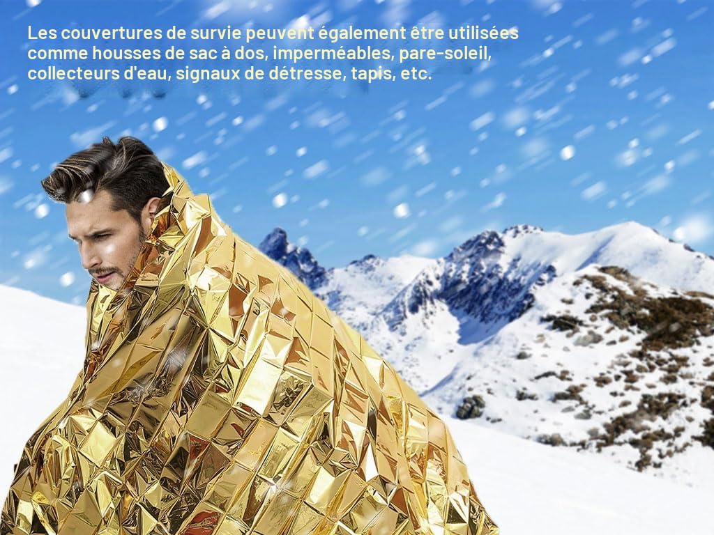 15pcs Couverture de Survie Thermique Urgence,Couverture de Survie d'urgence,Couvertures de Survie,Couverture Thermique Or Argentée,pour Camping,Randonnée,Premiers Soins,Marathons(140*210cm)