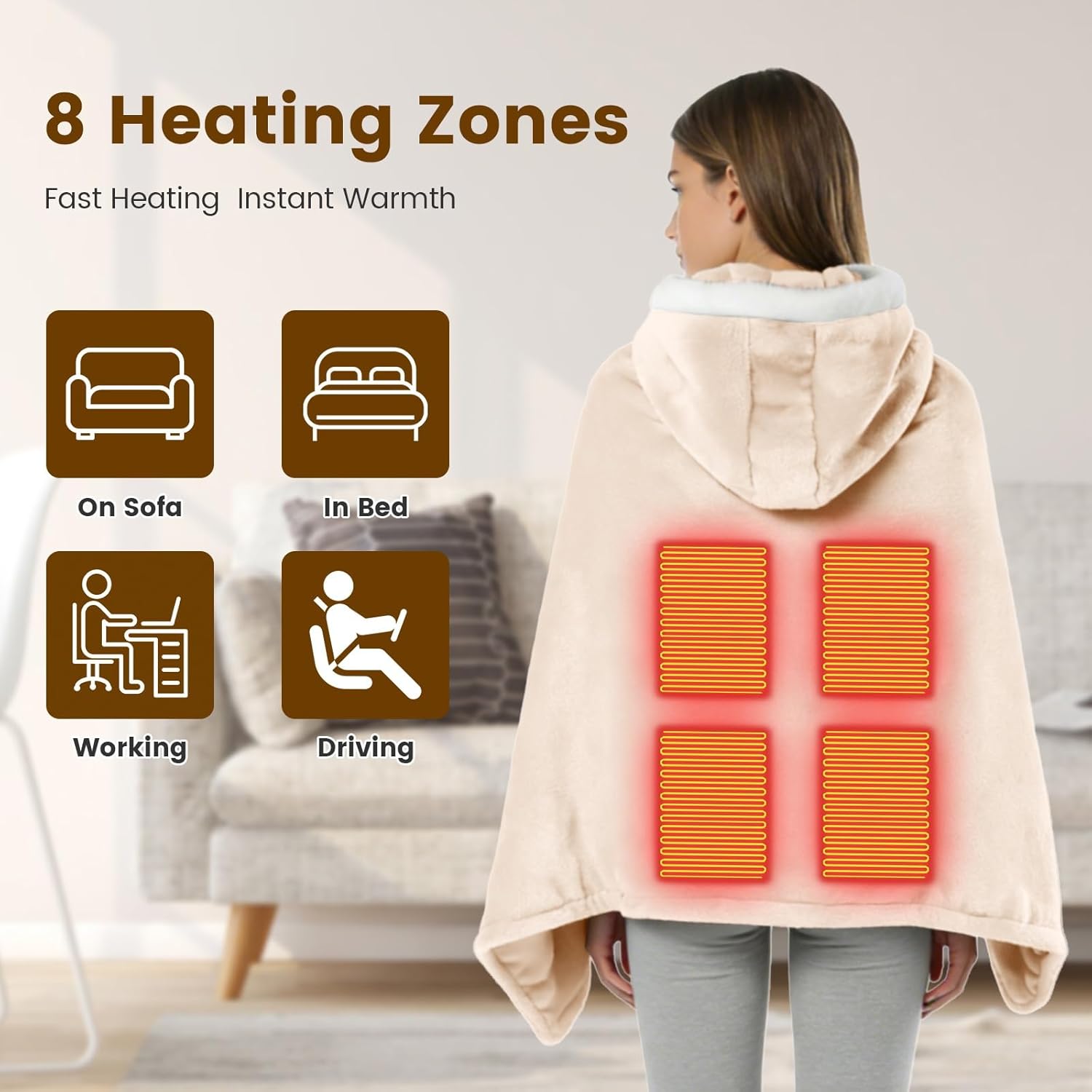 Wearable Heated Throw Blanket Electric Shawl Double-Sided Flannel Heating Hoodie Portable Machine Washable with 3 Heating Levels Battery Operated for Women Men Christmas Gift(Beige)
