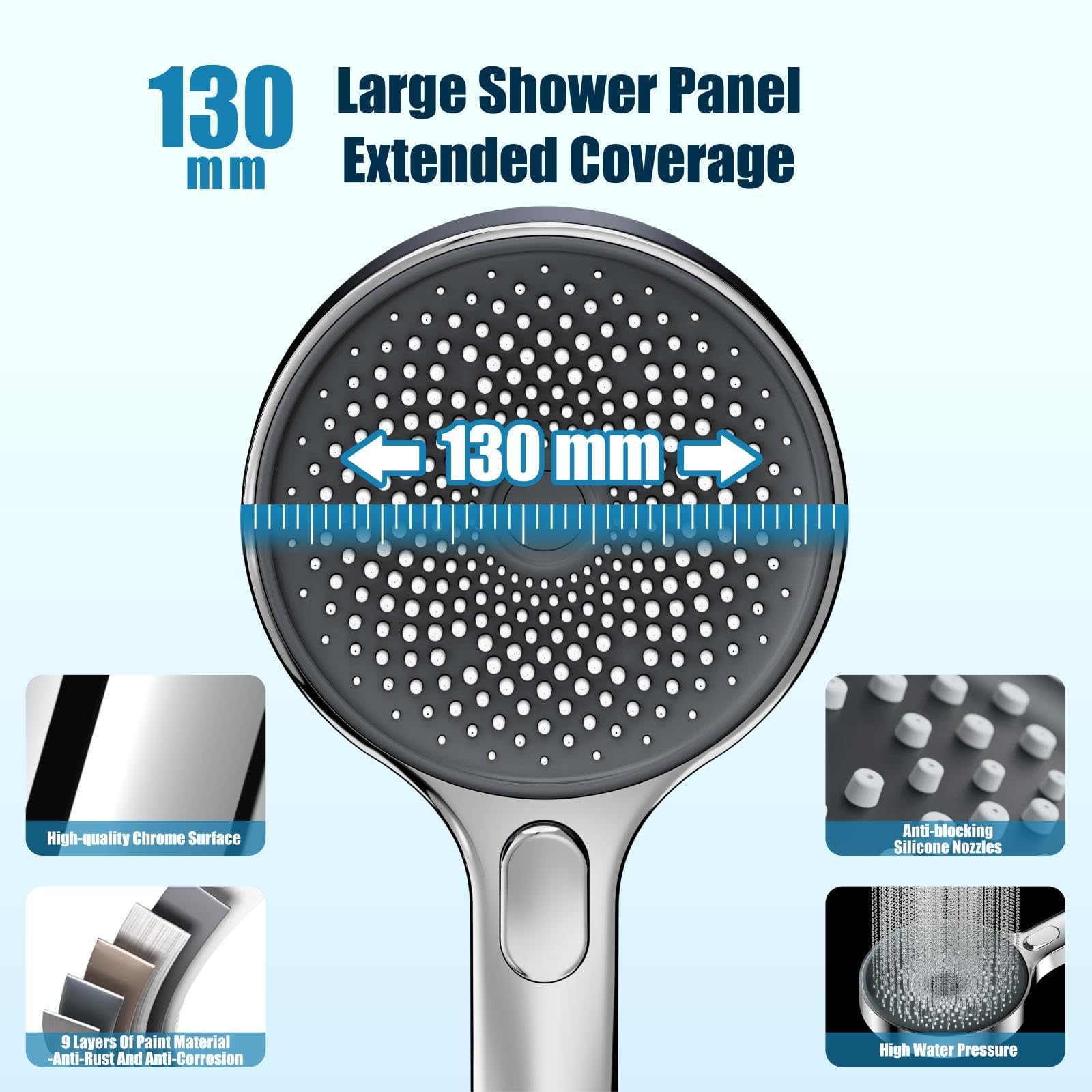 Krobec pommeau de douche anti calcaire, pommeau de douche economie deau,Pomme de douche haute pression 130 mm,Tête de douche à main avec 3 modes de jet douche(Chrome).