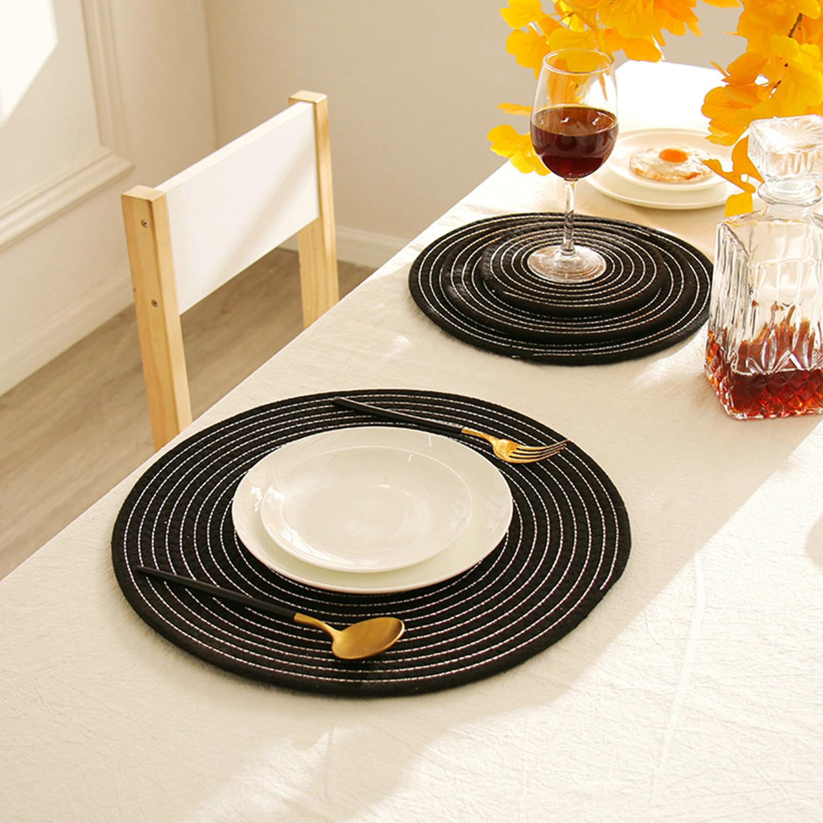 Platzsets 6er Set, Platzdeckchen Rund 30CM rutschfest Baumwollfaden Geflochten Tischmatte für Küche Speisetisch