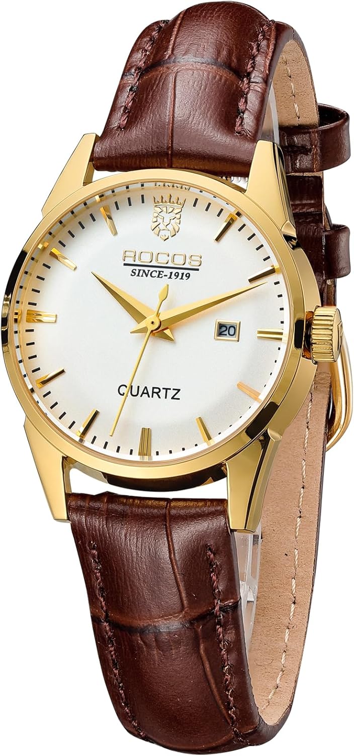 R0101L Women's Classic Watch,Brown Leather Watches for Women, Ladies' Analog Watch,White Dial Easy Read,Luxury Derss Watches,Water-Resistant,Gift for Her