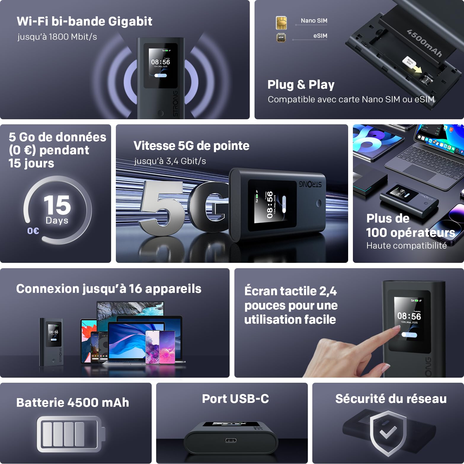STRONG 5G+ HOPI Routeur 5G Portable WiFi 6 AX1800 avec 5 Go de données, Hotspot WiFi de Poche avec eSIM, jusqu'à 3,4 Gbps en téléchargement 5G, Batterie 4500 mAh, Port USB-C, Fonction Power Bank