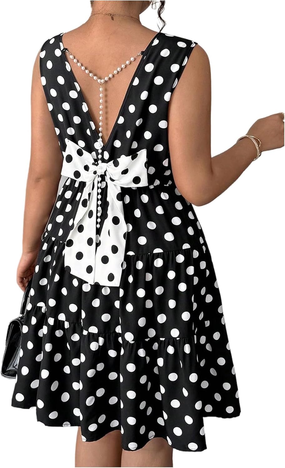Verdusa Women's Plus Size Polka Dots Bowknot Flowy Dresses Backless Pearl Chains A Line Dress