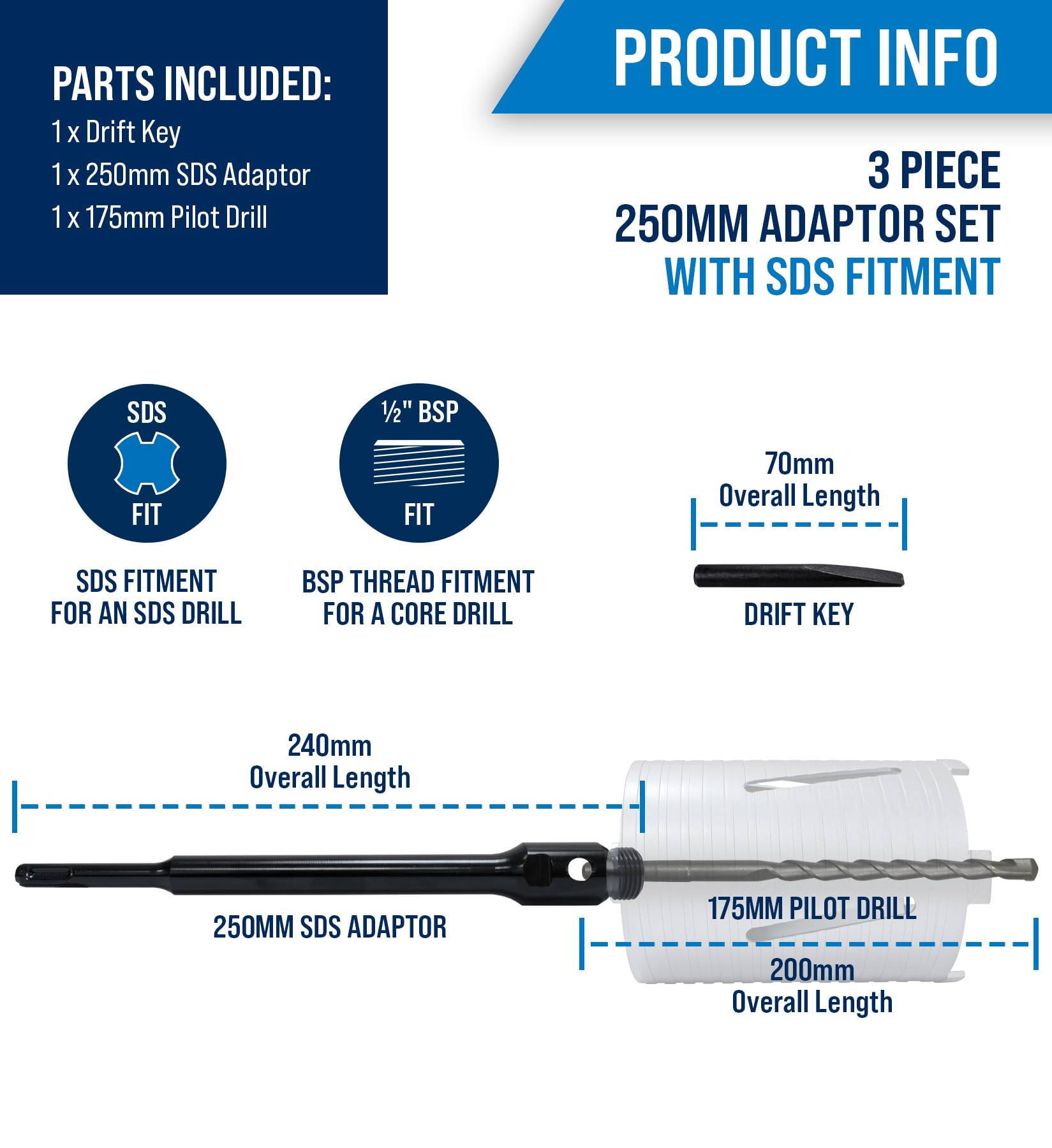 Mexco 250mm SDS Adaptor Drift Key and A-Taper Guide Rod - Quality Steel Construction for Diamond Core Drills - Image 2