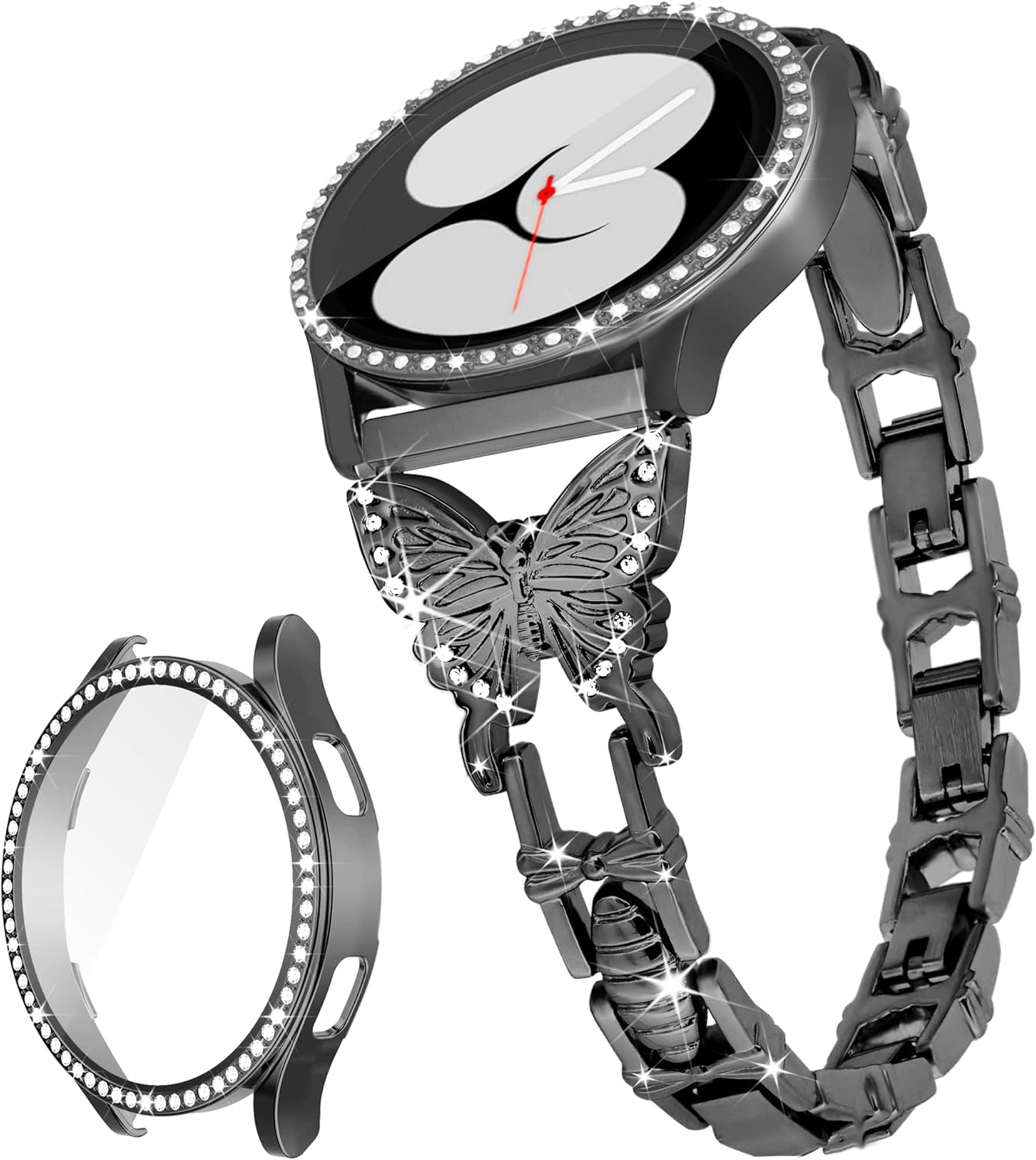 Butterfly Band Compatible with Samsung Galaxy Watch 4&5 Band-40mm with Screen Protector Case, 20mm Quick Release Women Diamond Cute Metal Slim Watch Bands & Bling Protective Cover Case (Silver)