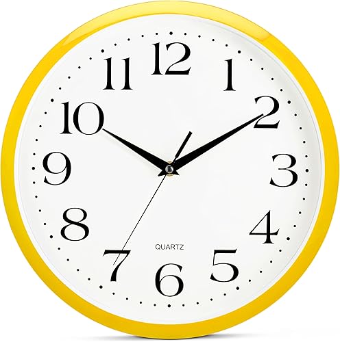 Miniatura 1 de Bernhard Products - Reloj de cuarzo de pared amarillo de 12 pulgadas, silencioso, sin tictac, a pila, fácil de leer, redondo, para decoración del