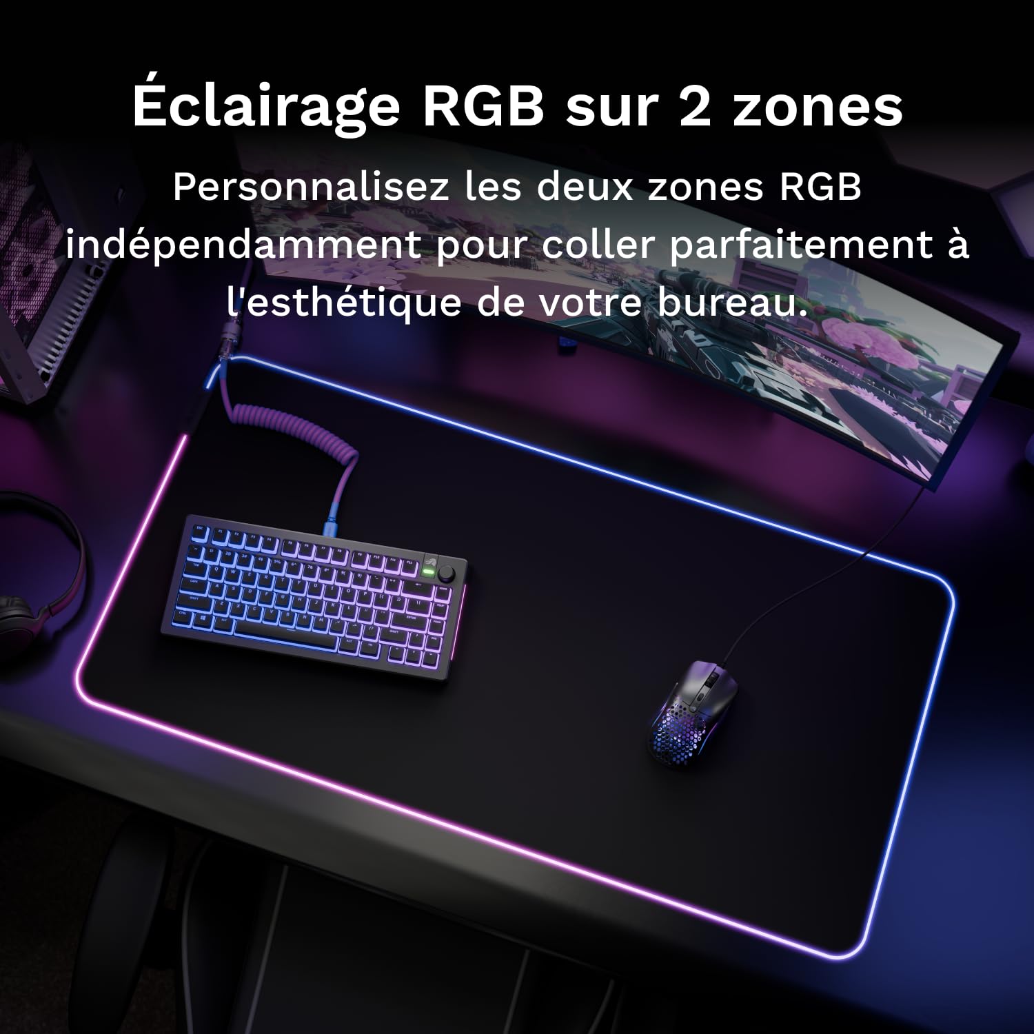 GLORIOUS Gaming Musmatta GMP 2 GLED XXL – 2-Zones RGB-belysning, InfiniGlow sömlös Kant, Premium tygyta, Halkfri gummibas – 915 mm×460 mm×3 mm – dubbel stor skrivbordsmatta