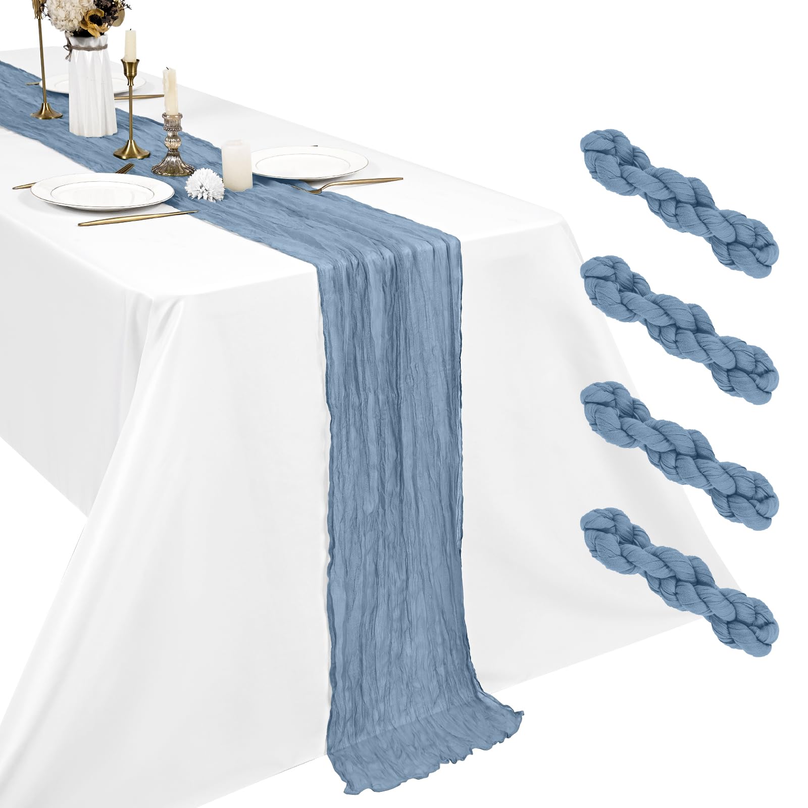 4 Pack Dusty Blue Cheesecloth Table Runner, 17.7 x 108 inch Boho Gauze Table Runner 45x275 cm Rustic Romantic Long Table Runner for Wedding Party Bridal Shower Christmas Decoration