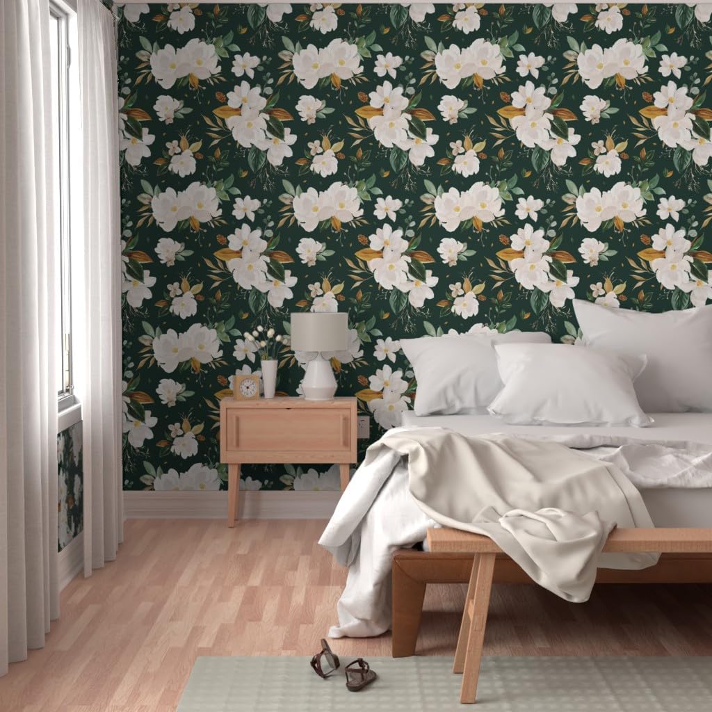 Peel & Stick Wallpaper 3ft x 2ft - Gold Floral Monstera Green Background Flower White Custom Removable Wallpaper by Spoonflower