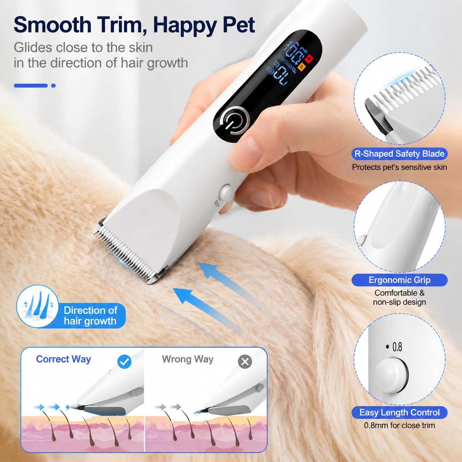 Moravon Tondeuse Pour Chien – Design Arrondi En Forme De R, Réglage Multi-Niveaux, Tondeuse Sans Fil Silencieuse Avec Sabots, Kit De Tonte Pour Chiens Et Chats (1Set)
