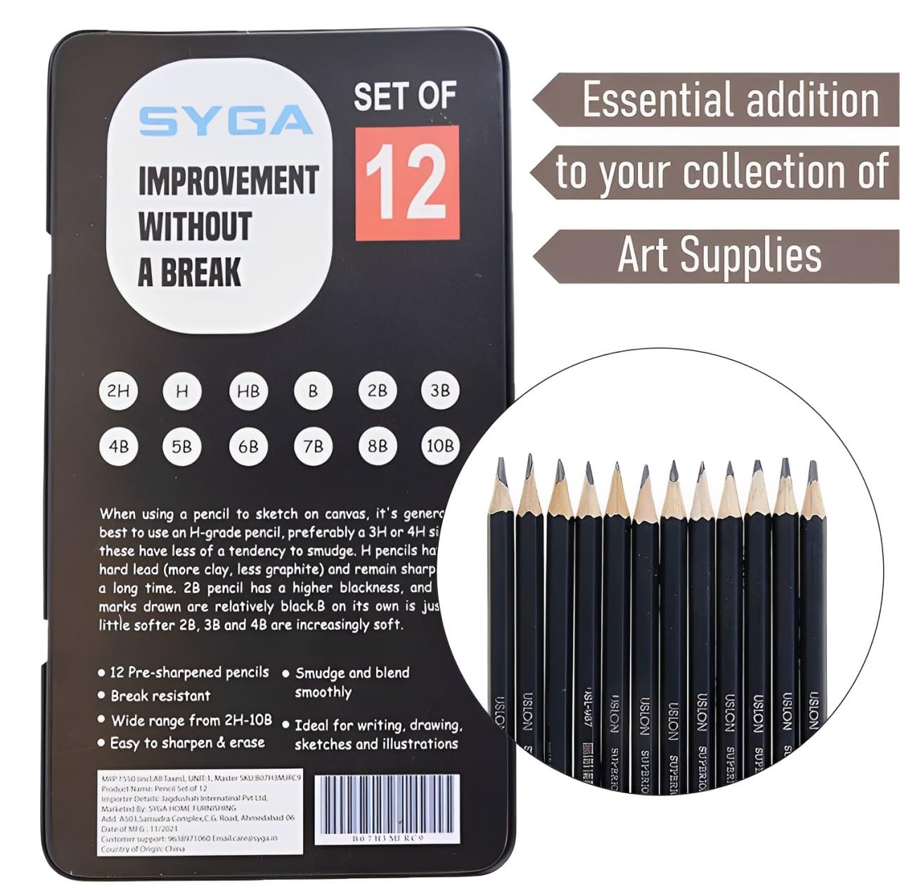 SYGA Professional Sketch and Drawing Pencils Art Pencil Box Contains 12 Pieces Set B 2B 3B 4B 5B 6B 7B 8B HB H 2H F 4