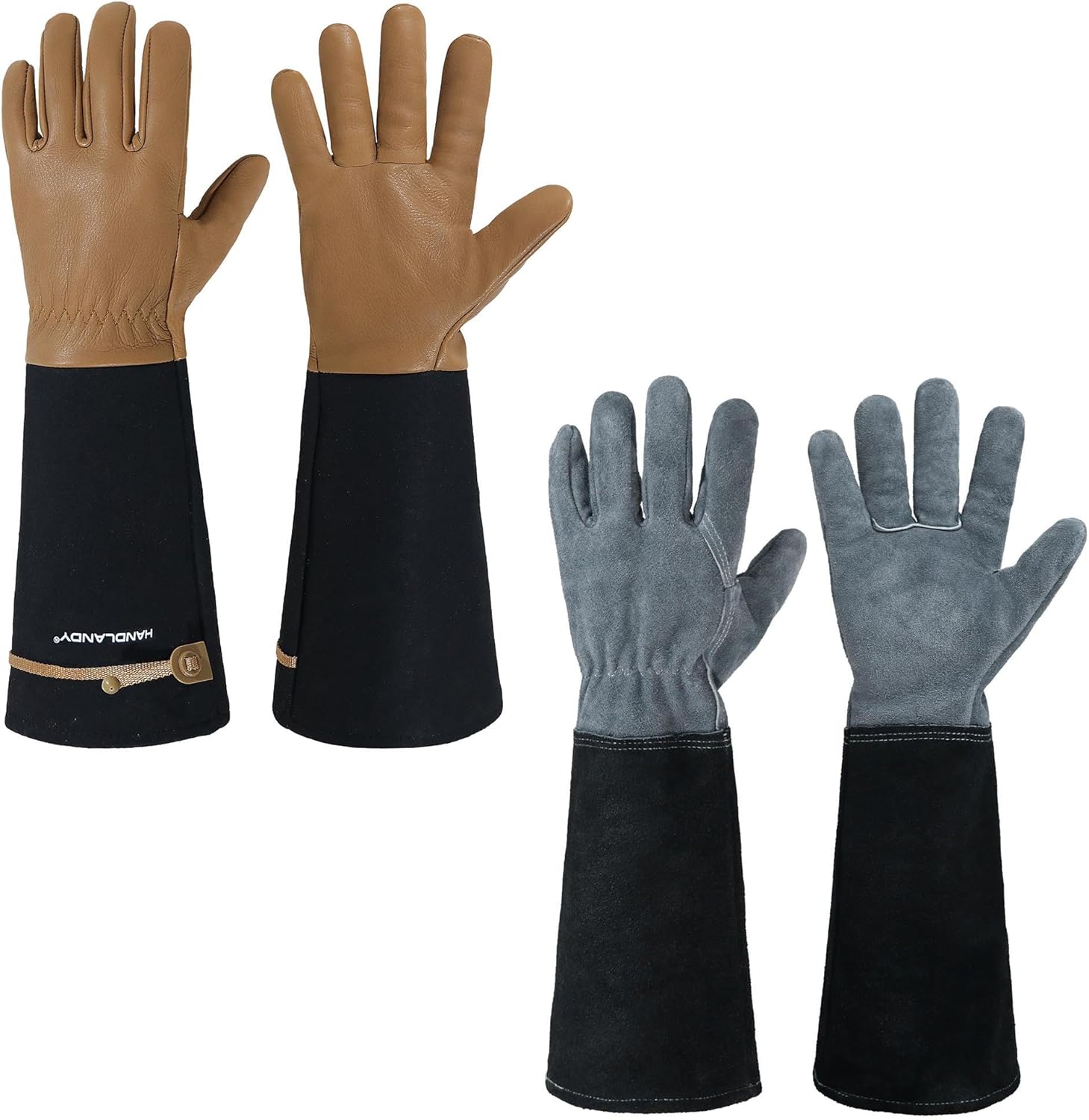 HANDLANDY Bundle - 2 Pairs of Long Gardening Gloves for Men & Women, Cowhide Leather Rose Pruning Gloves, Breathable Thorn Proof Gauntlet Gloves