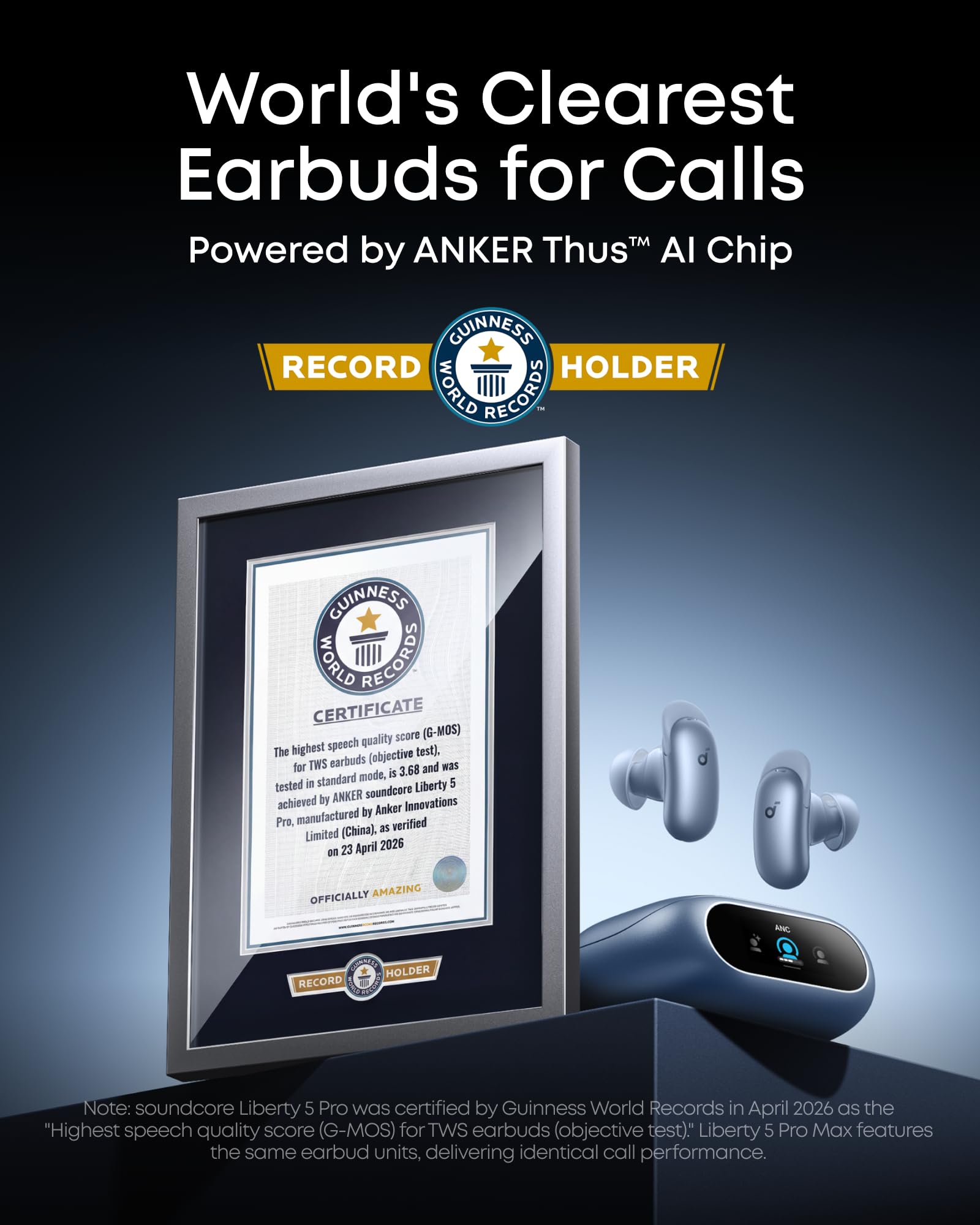 Soundcore Anker Liberty 5 Pro, écouteurs réduction de Bruit, Puce IA Thus™, ANC adaptative 360°, clarté d'appel certifiée Guinness World Record, HearID 5.0, LDAC Hi-RES, IP55, pour iPhone