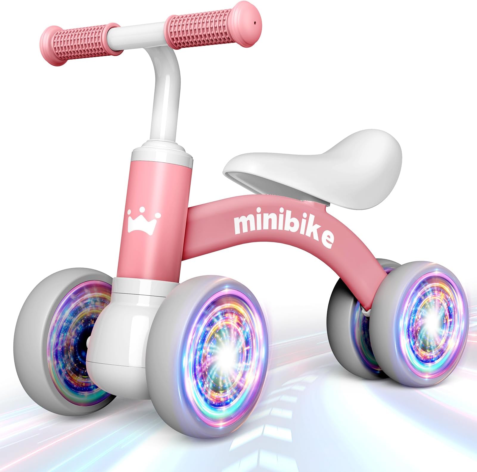 HappyGoLucky Baby Balance Bike 1 2 Year Old, 4 Wheels Lighting Ride On Toys for 1 2 Year Old Girls Gifts, Toddler Toys 1 2 Year Old Girl Toys Age 1-2, Girls Christmas Xmas Gifts for Kids Tricycles