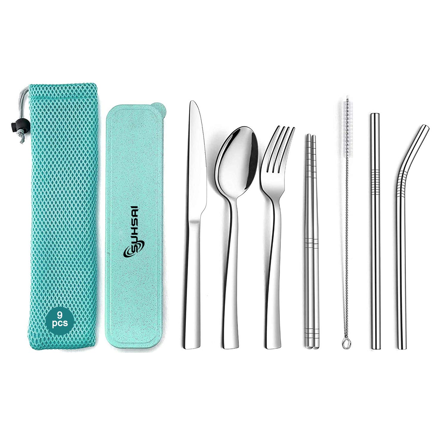 Portable Utensils Set, Travel Camping Cutlery Set, Stainless Steel Reusable Flatware Silverware Set, 9-Piece including Knife Fork Spoon Chopsticks Cleaning Brush Straws Portable Case (Green)