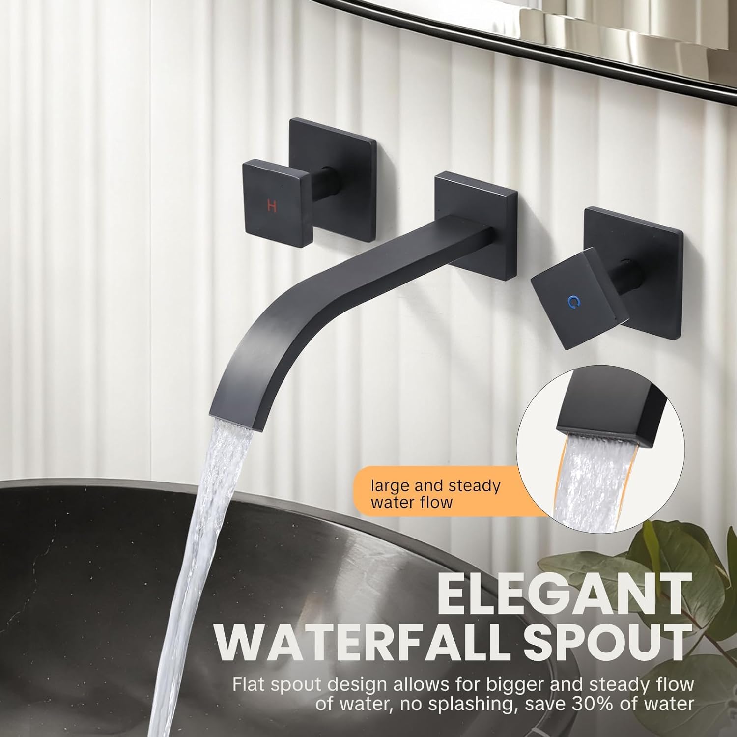 Wall-Mounted Bathroom Sink Faucet: ALEASHA Matte Black Waterfall Bathroom Faucet with Two Handles, Bathroom Sink Faucet Made with Solid Brass, Wall Mounted Washroom Faucets and Rough-in Valve