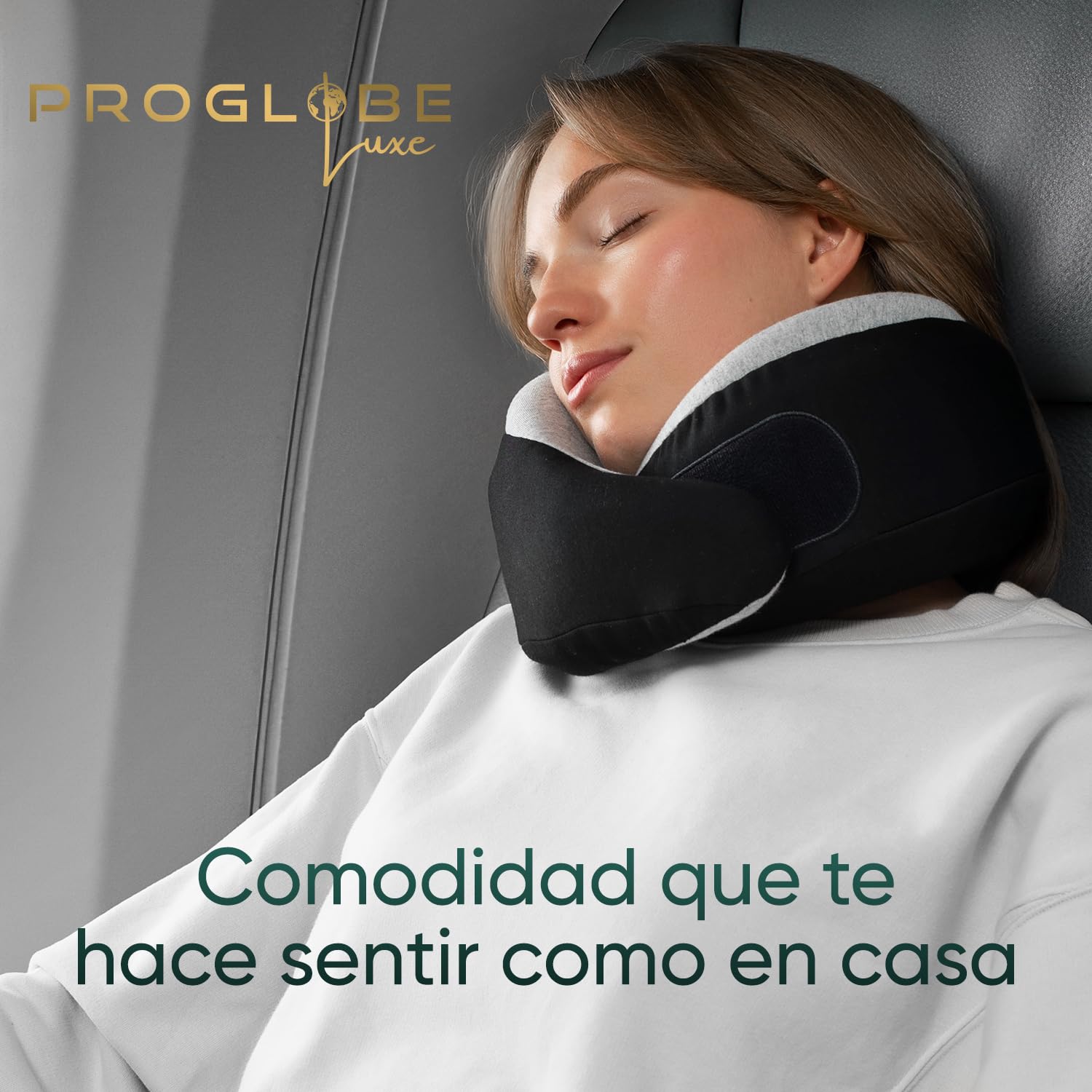 Proglobe Luxe Almohada Cervical de Viaje 360° Avión, Negro Carbón | Espuma viscoelástica con funda lavable de algodón orgánico y bolsa compacta. Soporte ergonómico 360°.