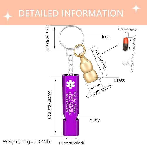 Miniatura 3 de Llavero médico de emergencia con silbato de seguridad fuerte y pastillero, herramienta de alerta EDC para personas mayores, adultos, uso al aire