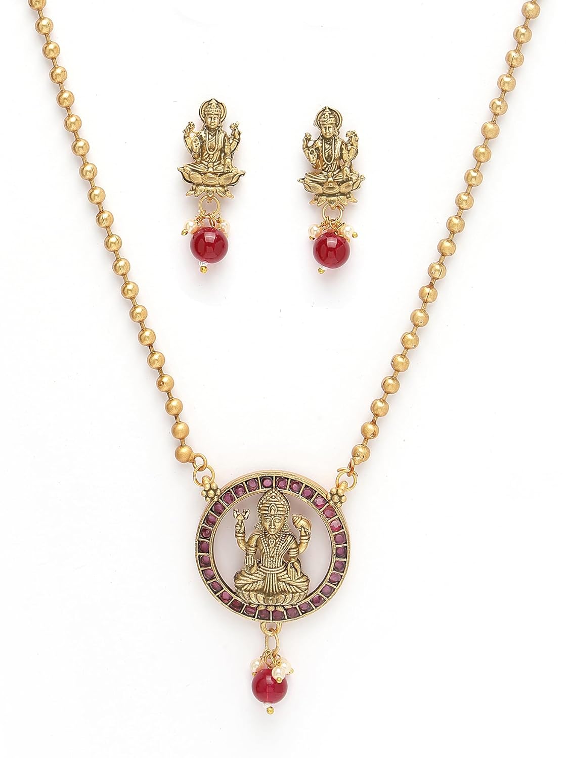 Karatcart Gold Plated Red Beads Laxmi Mata Pendant Temple Jewellery Set for Women