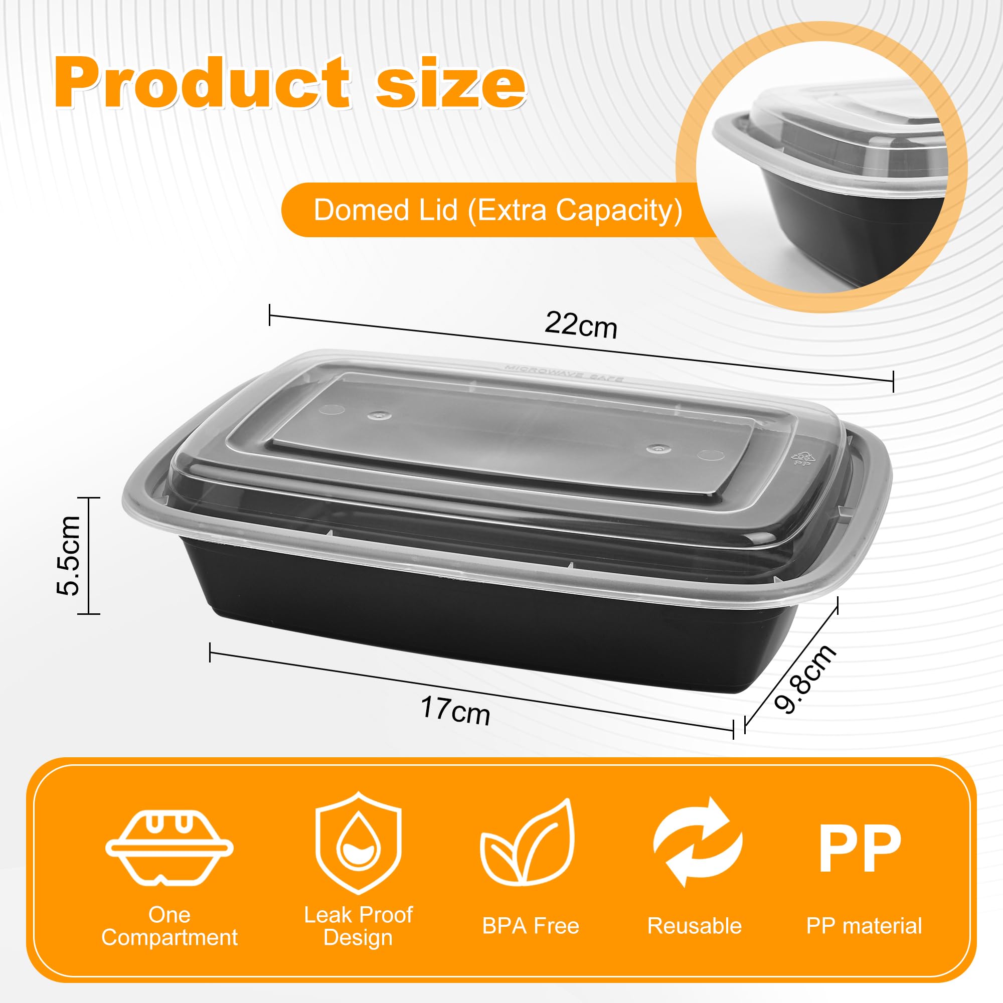 Lot de 50 boîtes à repas réutilisables sans BPA avec couvercles, 1 compartiment, passent au micro-ondes, 800 ml