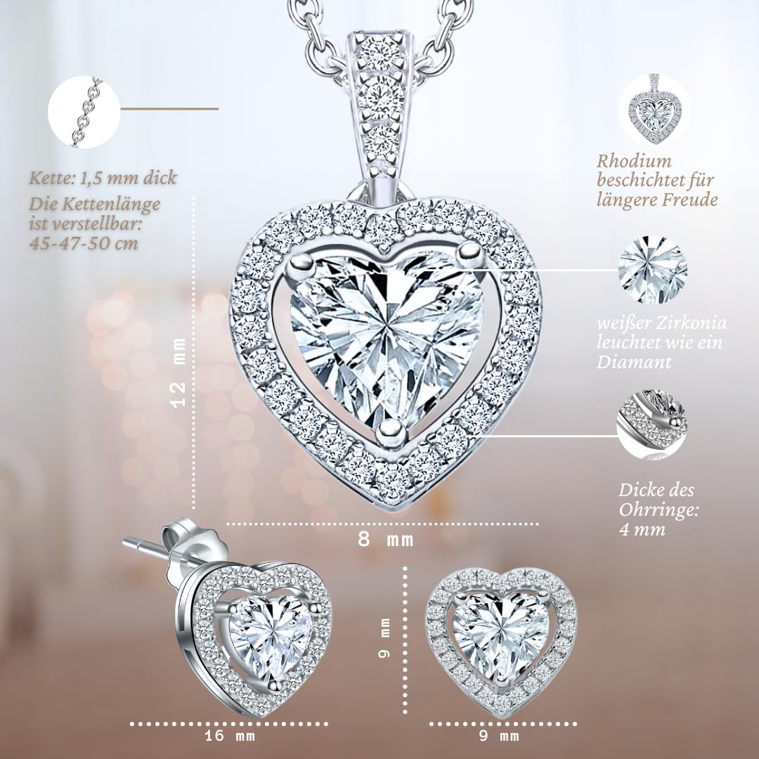 LOVENEST Schmuck Set Damen Silber 925/Rosegold/Gold ZIRKONIA | Herz Schmuckset 3tlg. zum Geburtstag Hochzeitstag Weihnachten | Kette und Ohrringe Set | Geschenk für Frau Ehefrau Freundin