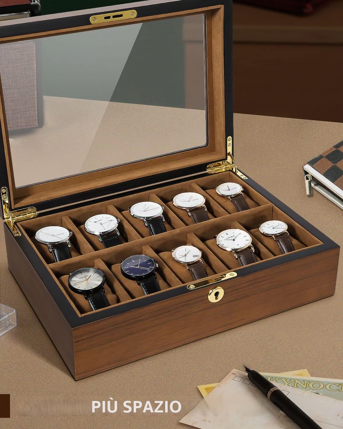 Uten Scatola per orologi con 10 scomparti, organizer per orologi con serratura dorata e chiave, scatola in legno con cuscini rimovibili per orologi, fodera in velluto, chiusura in metallo, regalo per
