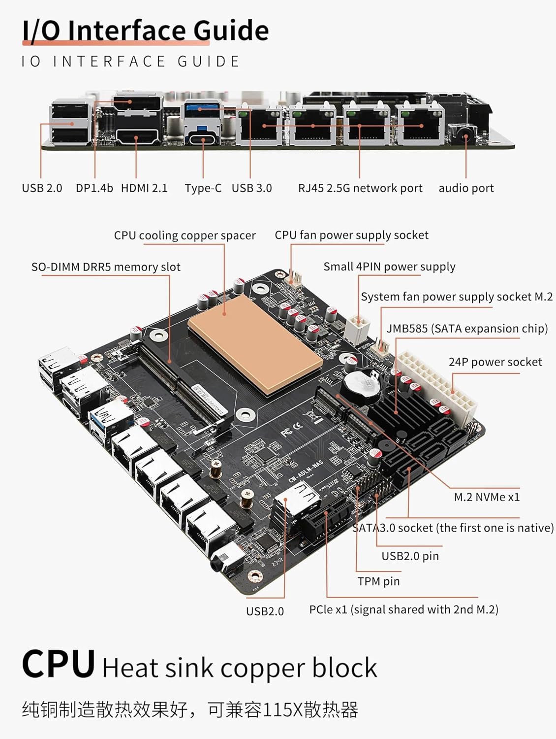 N100 Scheda madre industriale NAS 4 core 4 Fili Processore Bassa Potenza 4 x 2,5 G i226 rete M.2 Slot 6 x SATA DP HDMI 2.0 PCIE × 1