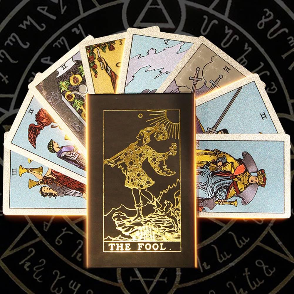 Générique Gold Foil Tarot, Version Anglaise des Outils de Divination, Cartes de Jeu de société de Divertissement Familial, charmants Decks Premium Gold Foil Tarot, Hexagonal Silver,12 * 7cm