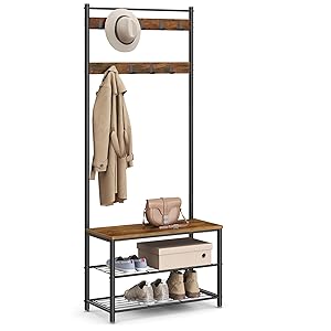 VASAGLE Appendiabiti, Armadio d’ingresso, Spogliatoio, Stand appendiabiti, con Panca e Scarpe, Ganci, Telaio in metallo, Altezza 175 cm, Stile Industriale, Marrone Rustico e Nero HSR41BX